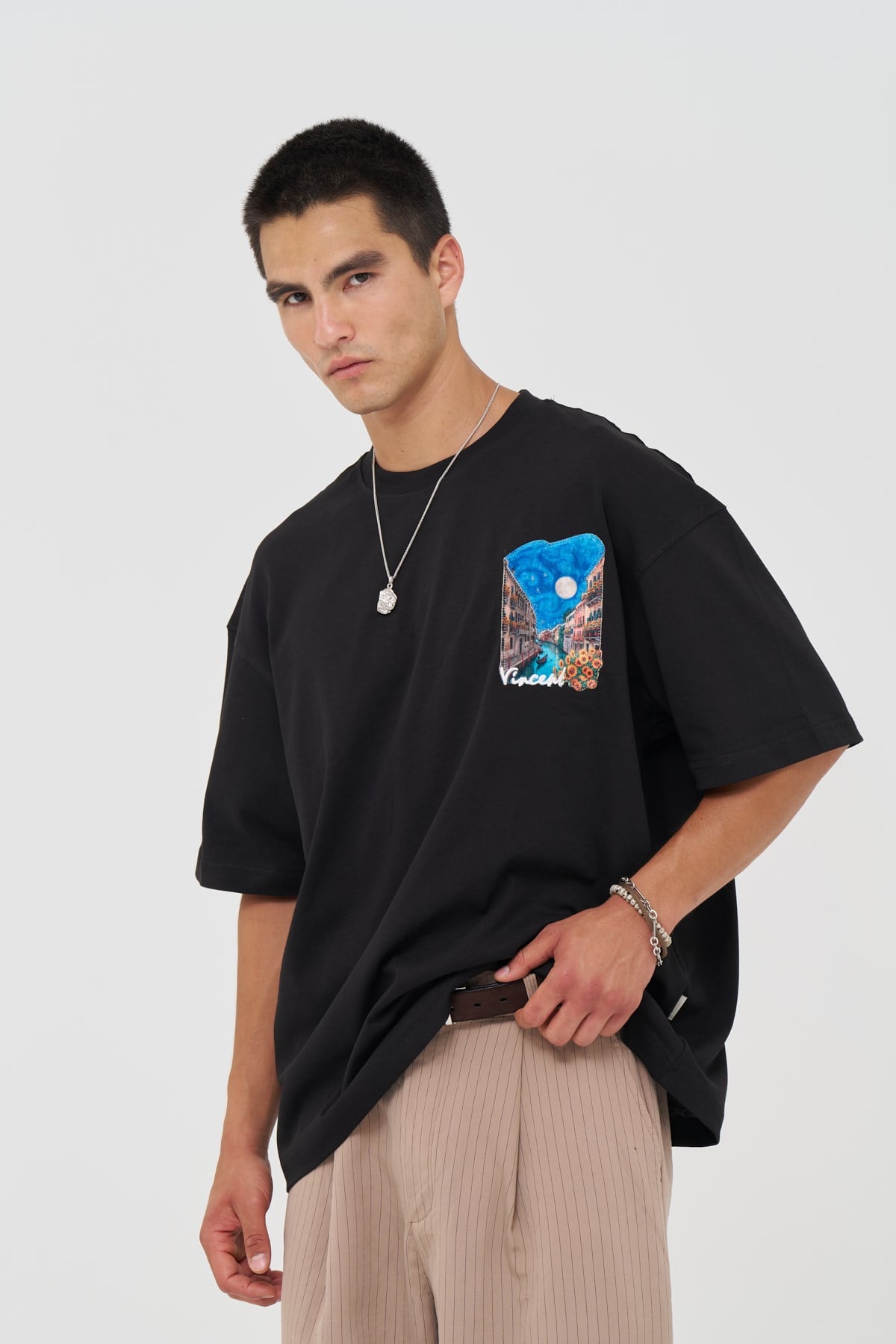 Vincent Venice Oversize Erkek Tişört Siyah