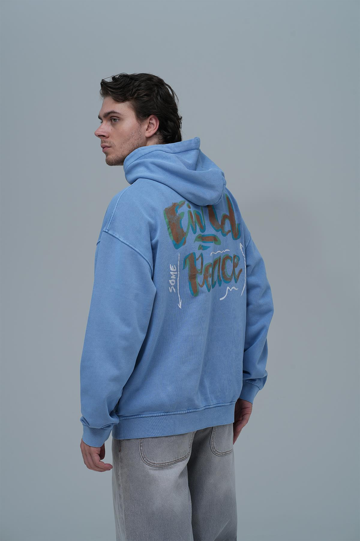 Washed Peace Oversize Sweatshirt Erkek Mavi
