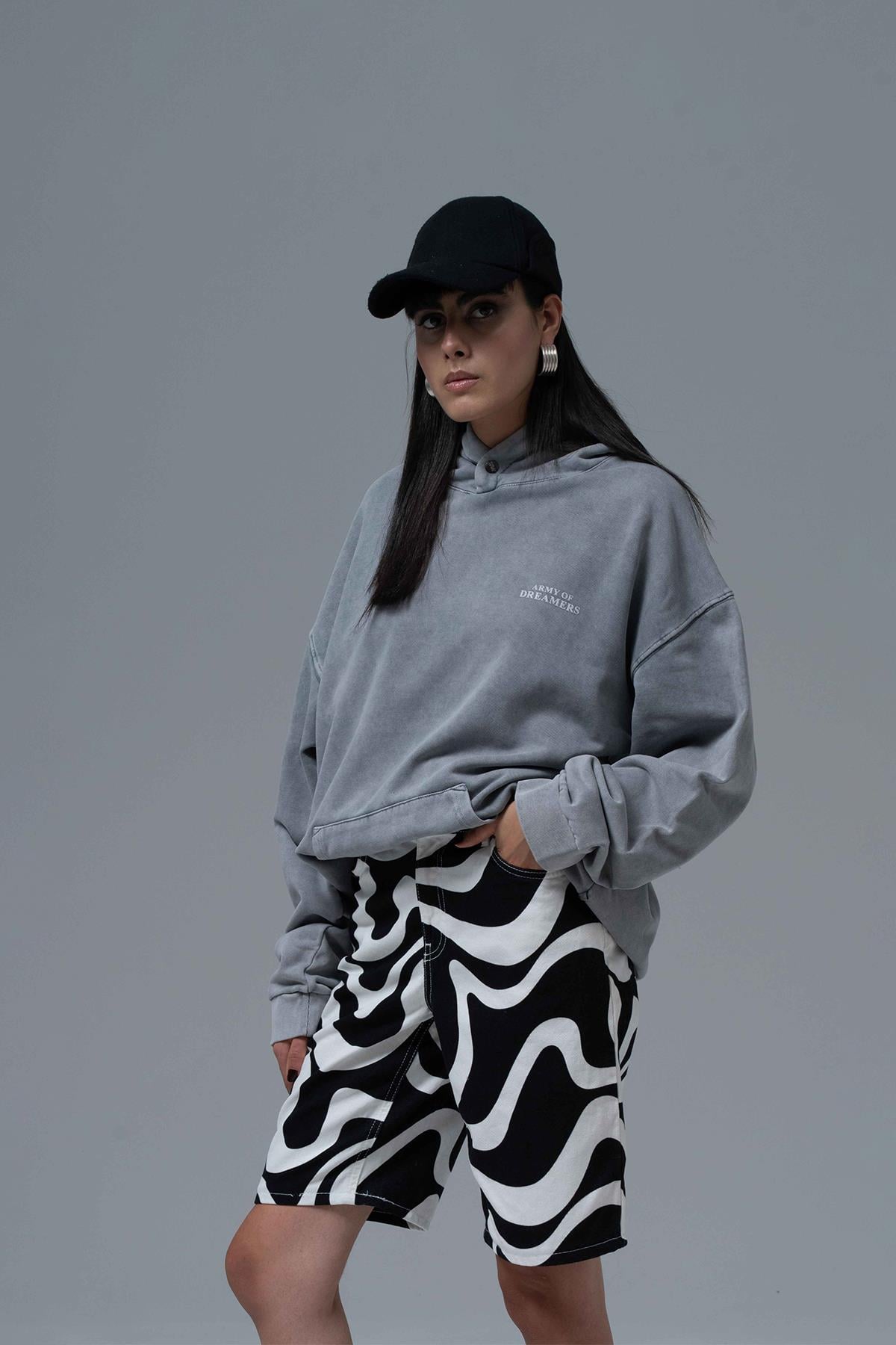 Washed Peace Oversize Sweatshirt Kadın Füme