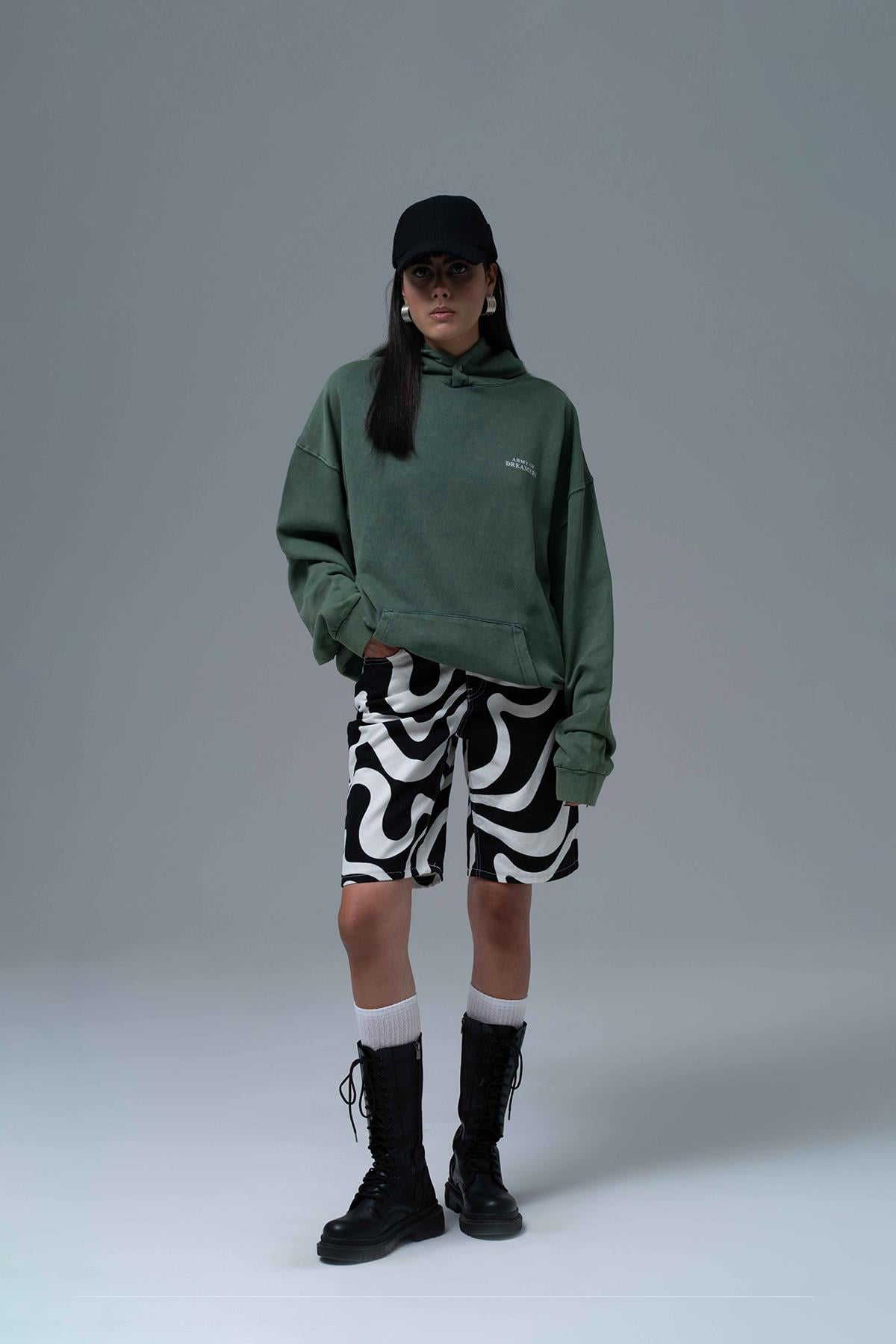 Washed Peace Oversize Sweatshirt Kadın Yeşil