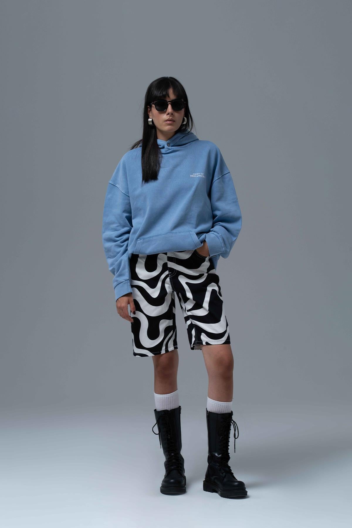 Washed Peace Oversize Sweatshirt Kadın Mavi