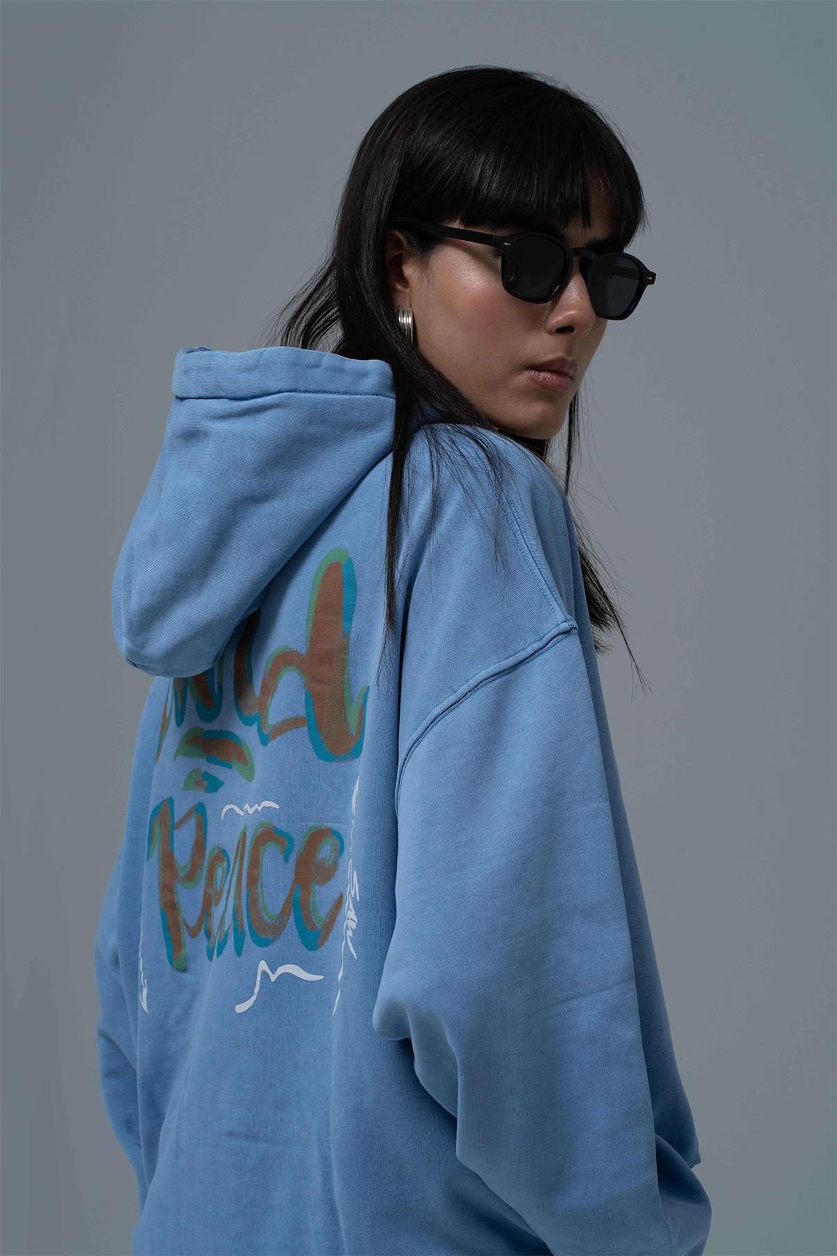 Washed Peace Oversize Sweatshirt Kadın Mavi
