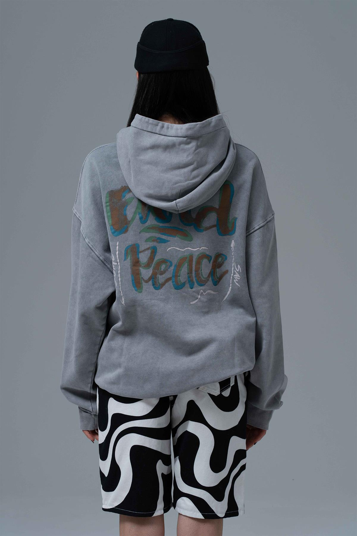 Washed Peace Oversize Sweatshirt Kadın Füme