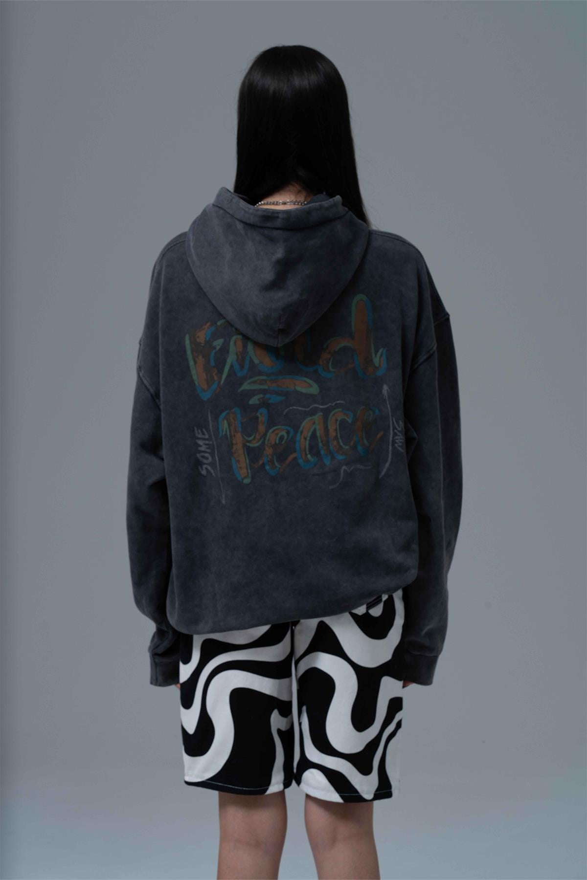 Washed Peace Oversize Sweatshirt Kadın Siyah