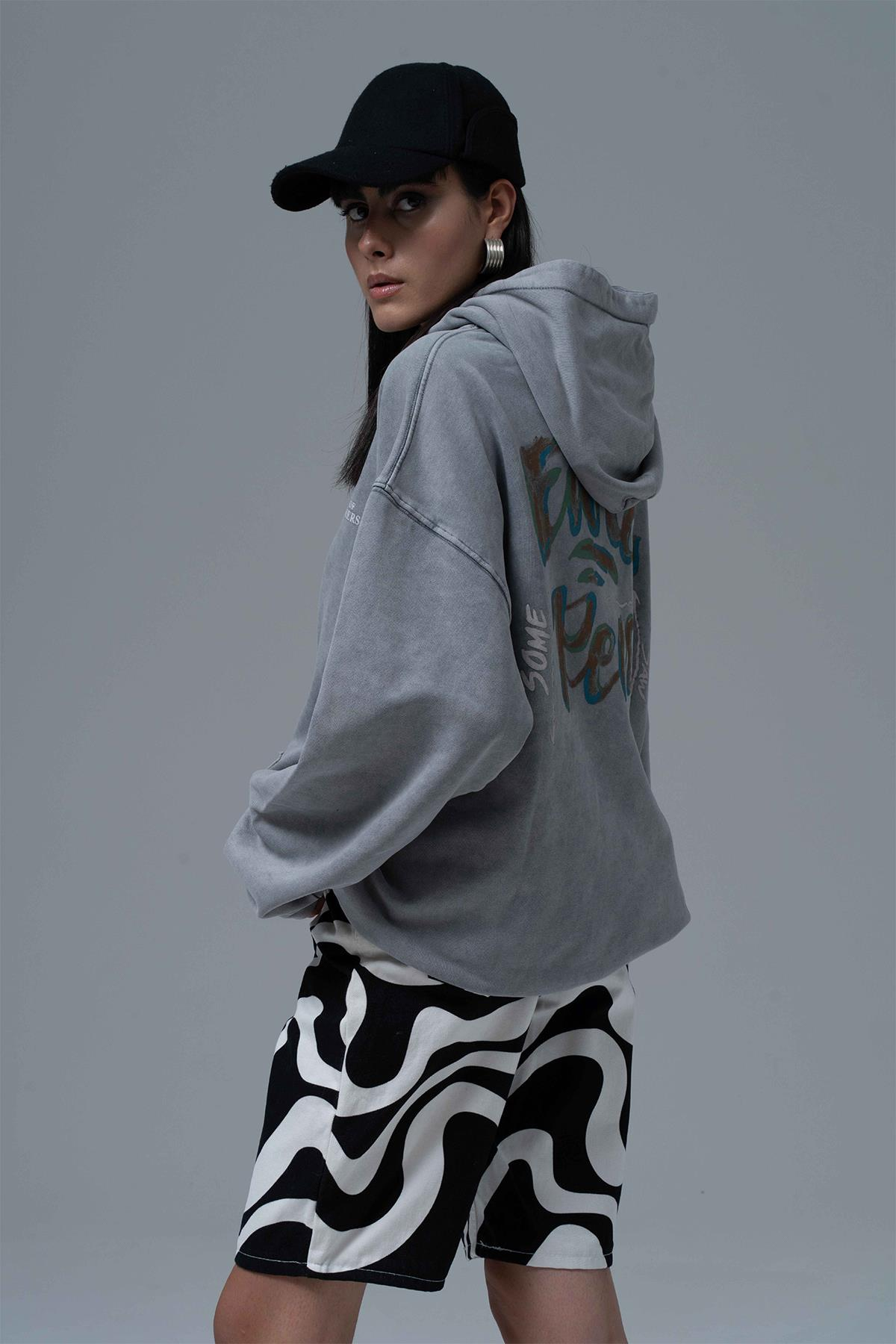 Washed Peace Oversize Sweatshirt Kadın Füme