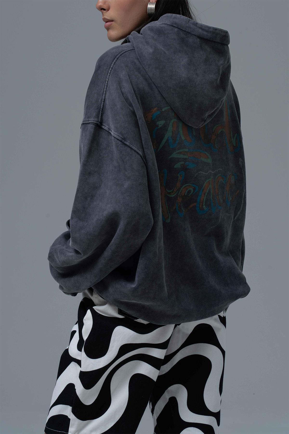 Washed Peace Oversize Sweatshirt Kadın Siyah