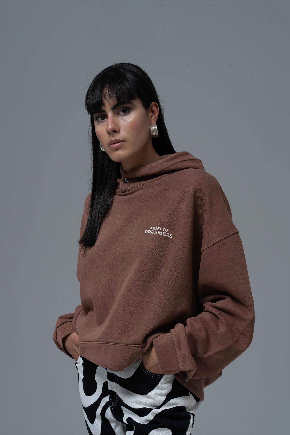 Washed Peace Oversize Sweatshirt Kadın Kahverengi