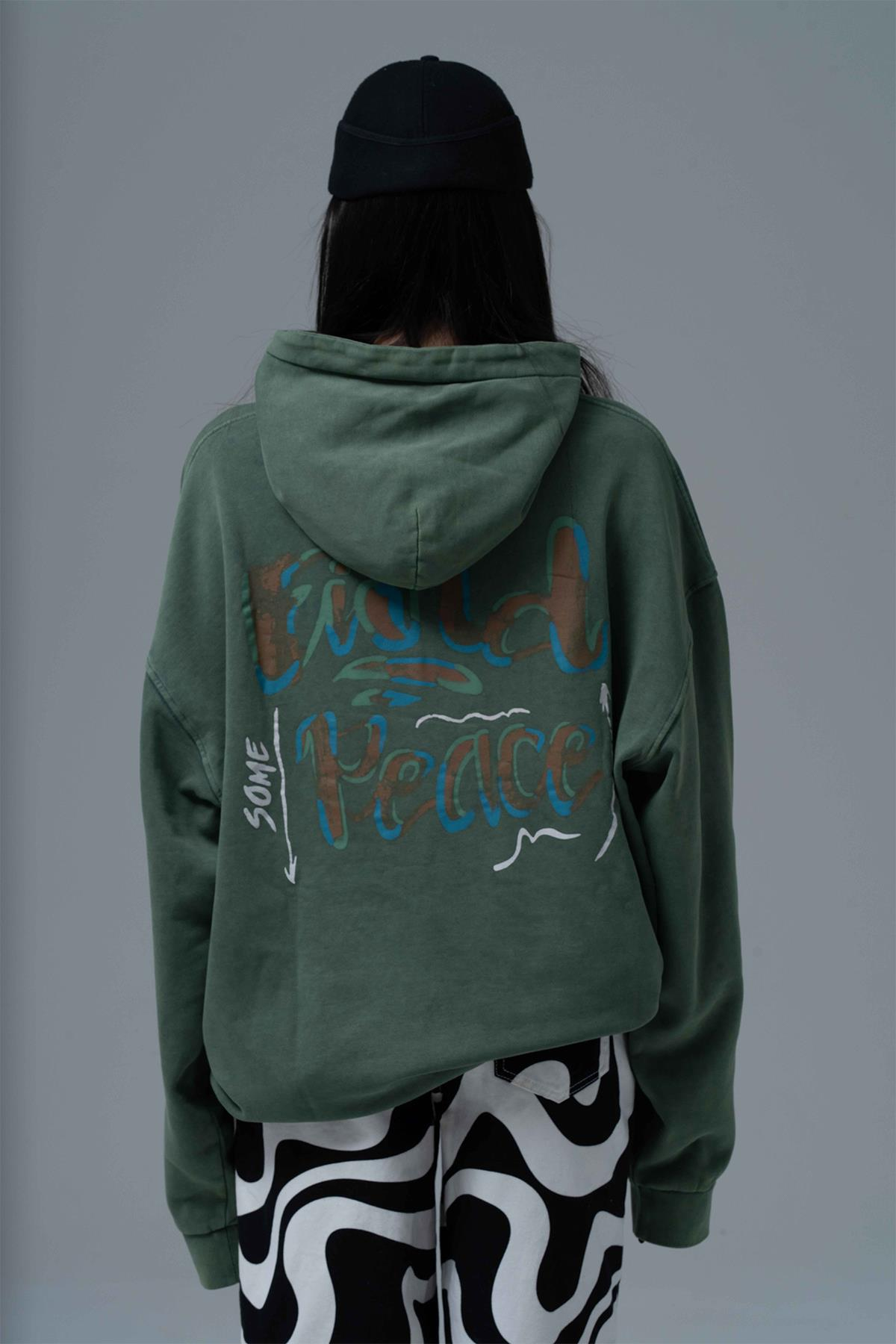 Washed Peace Oversize Sweatshirt Kadın Yeşil