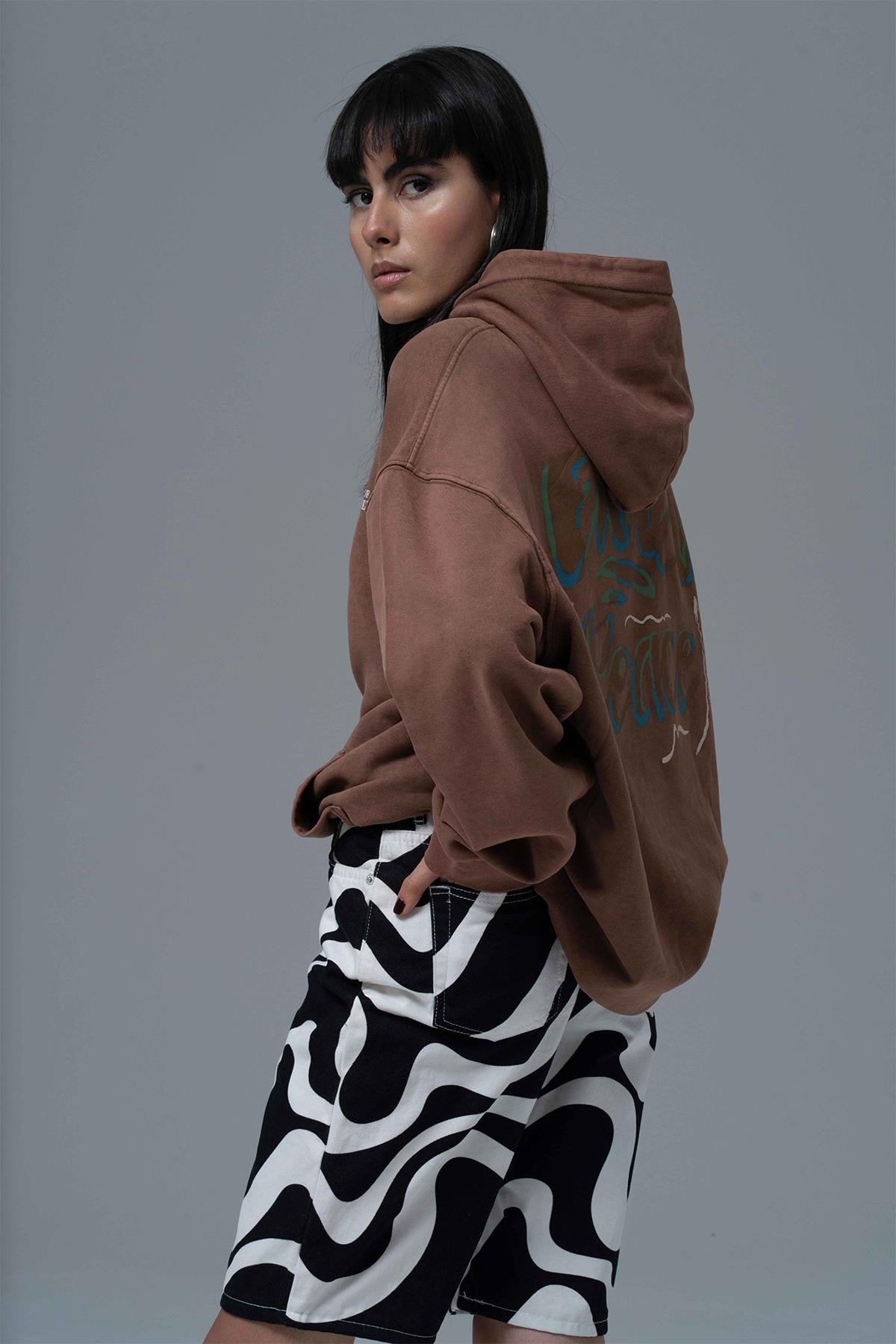 Washed Peace Oversize Sweatshirt Kadın Kahverengi