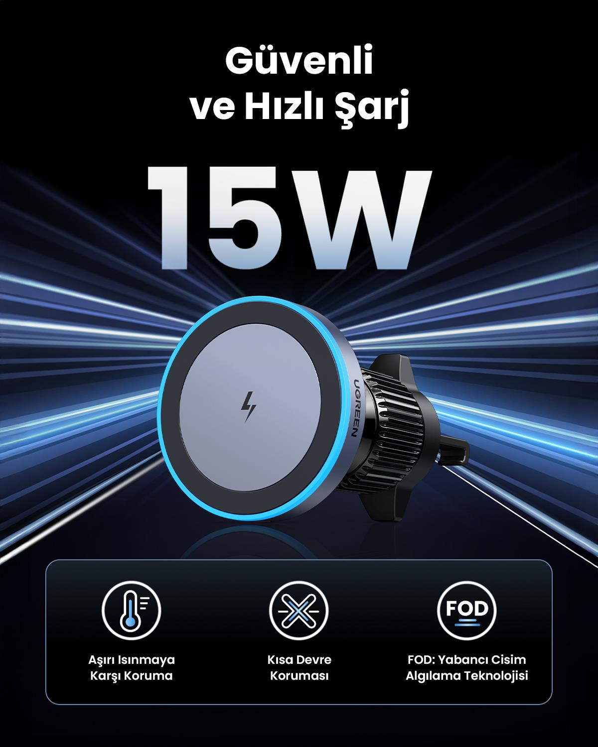 UGREEN 15W Magsafe Kablosuz Araç İçi Şarj Cihazı