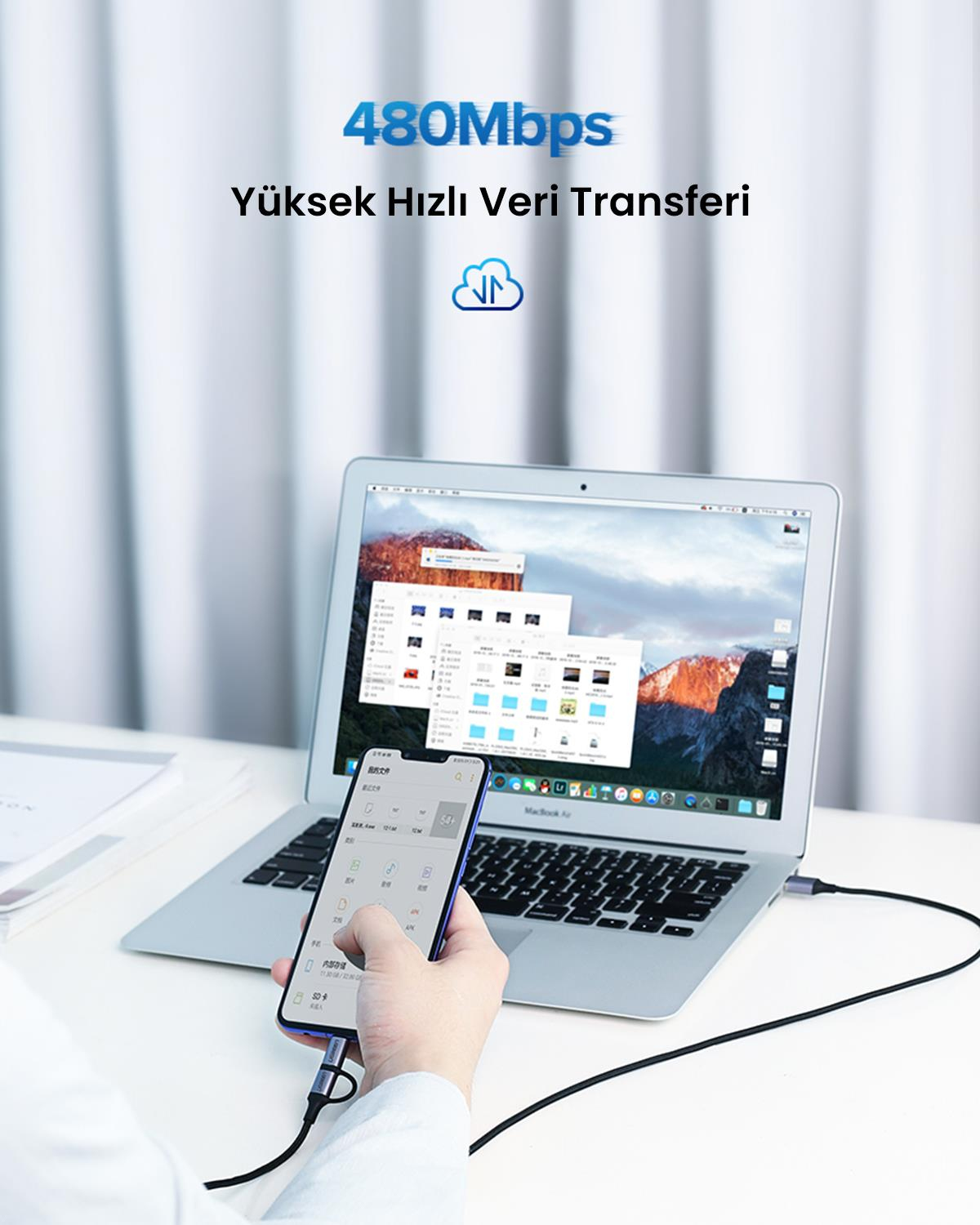 Ugreen 2si 1 Arada Örgülü Type-C Micro Kablo 1m
