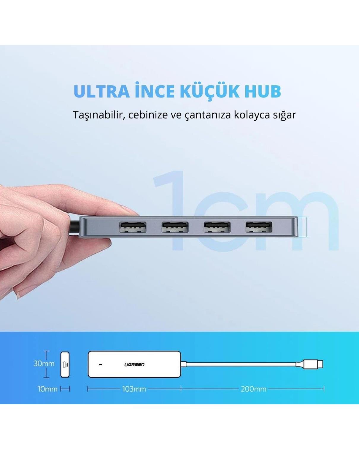 UGREEN Type-C USB 3.0 4 Port USB Hub Çoklayıcı, Gri, 70336