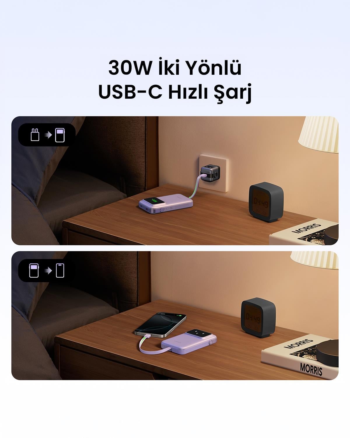 UGREEN Uno Kablolu 10.000 mAh 30W Powerbank, Mor