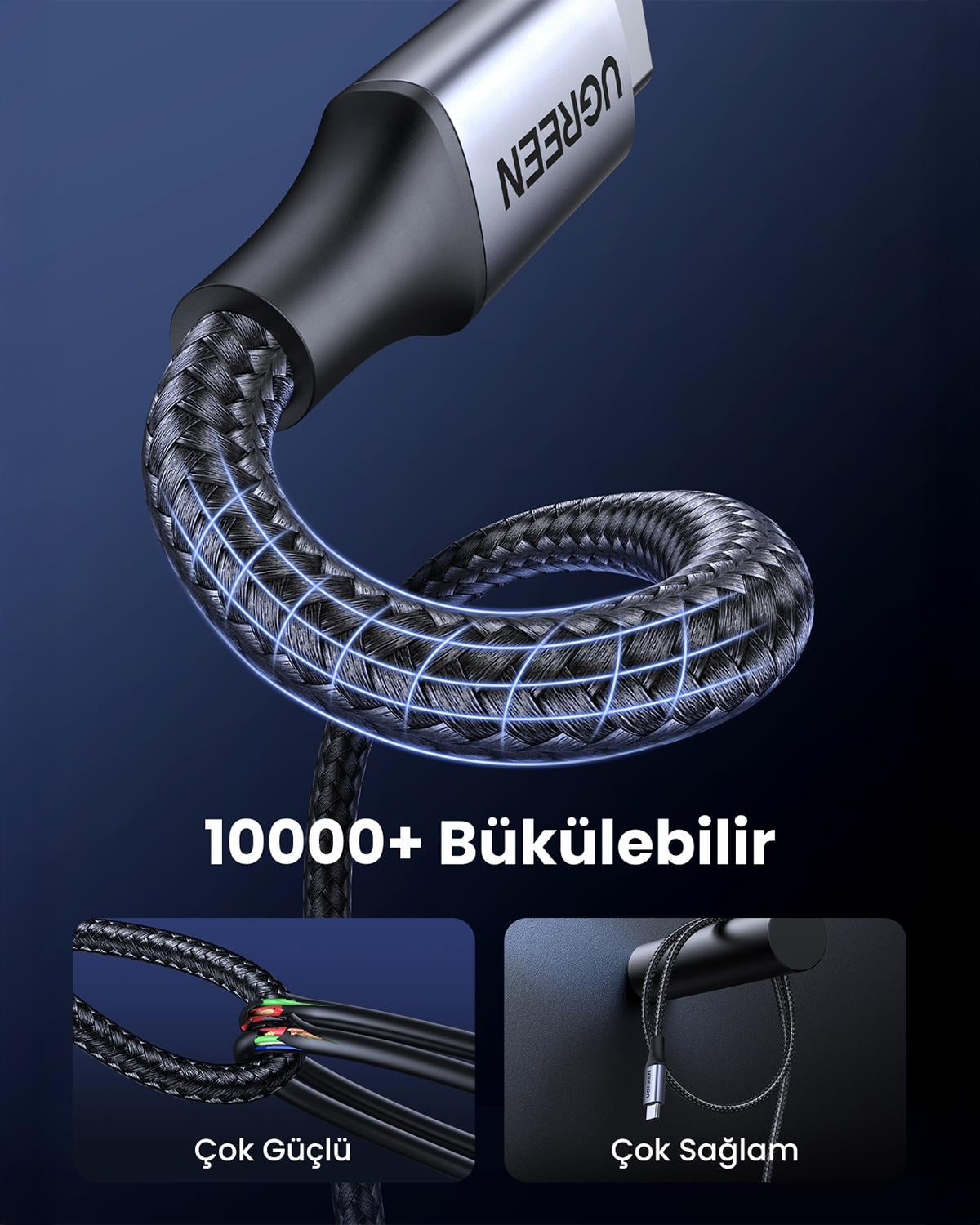 UGREEN USB-C 240W Örgülü Hızlı Şarj Kablosu, 2 Met