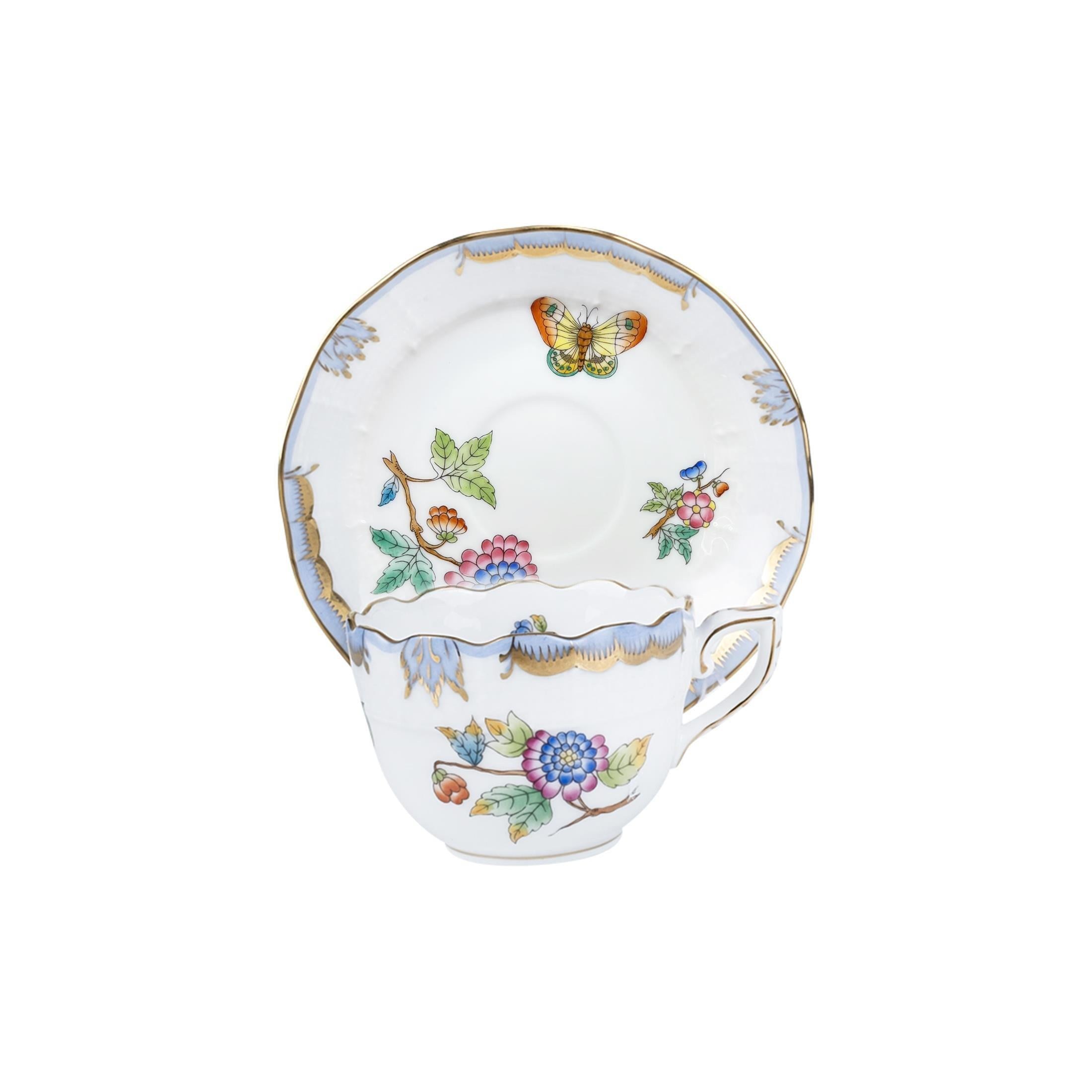 HEREND Fincanı Tabak 110ml Queen Victoria Az Desen Açık Mavi
