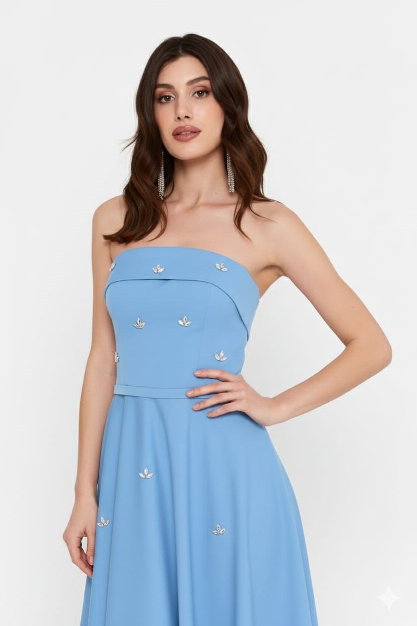 A Kesim Beli Korsajlı Straplez Elbise Bebe Mavi