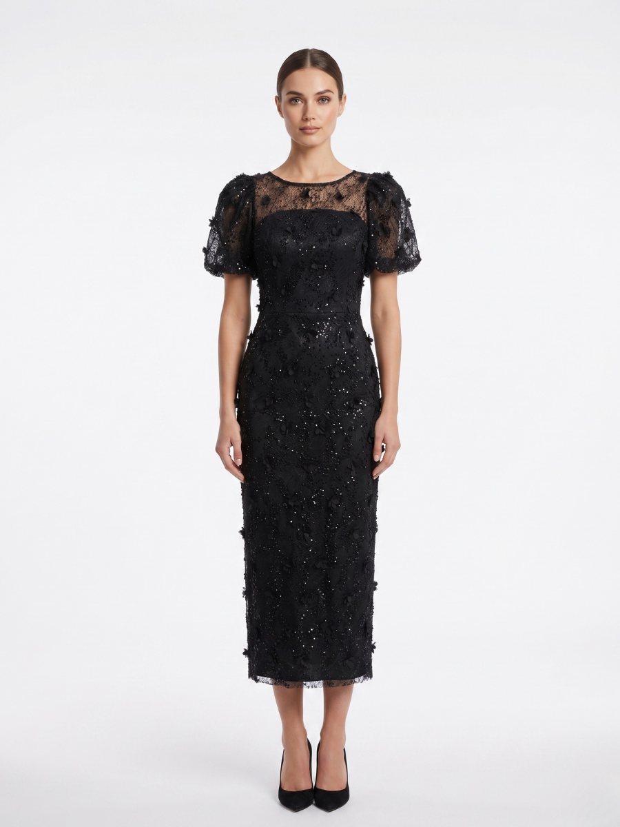 İnci Ve Çiçek İşlemeli Kalem Elbise Siyah