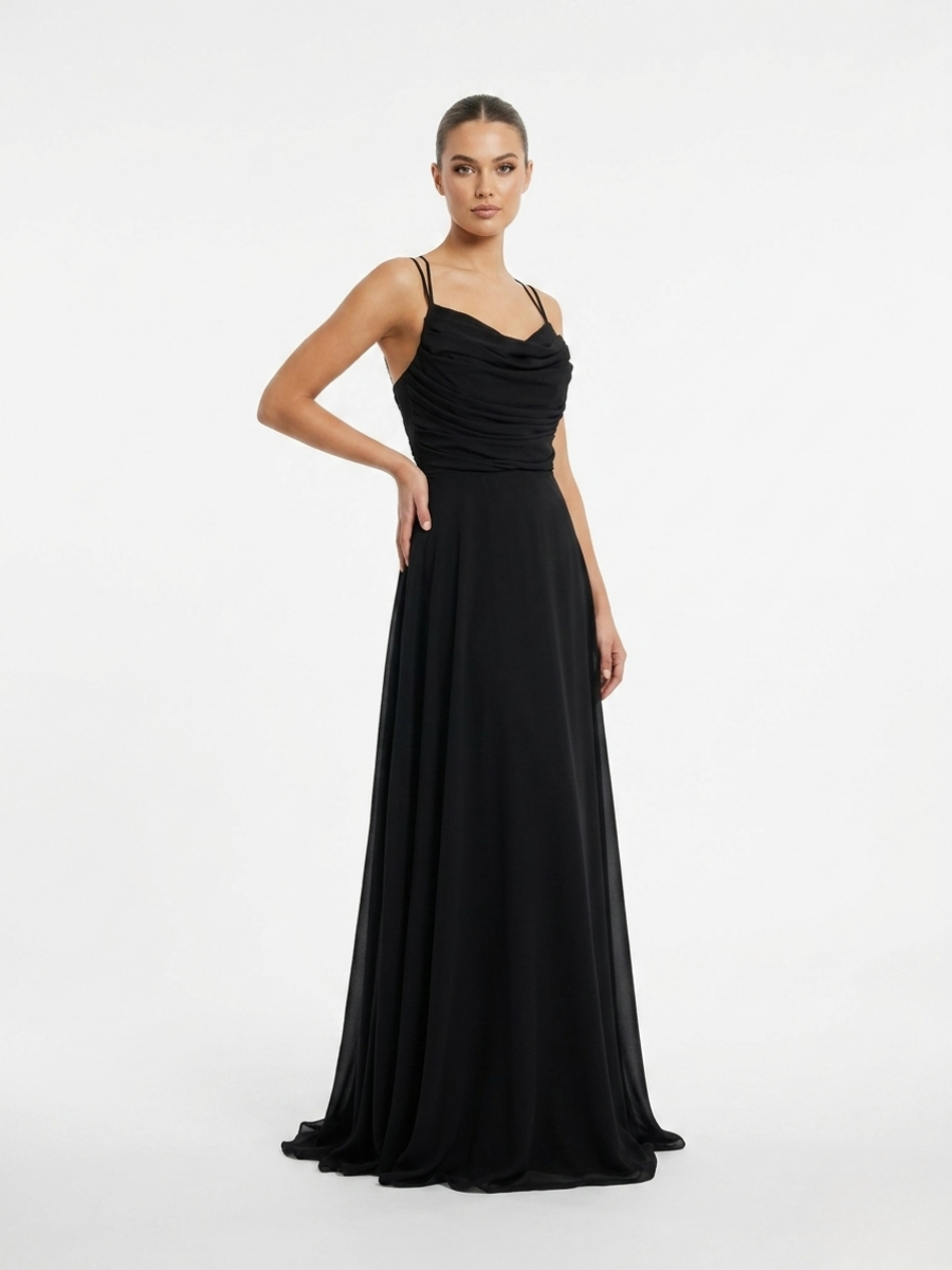 İp Askılı Drape Detaylı Elbise Siyah
