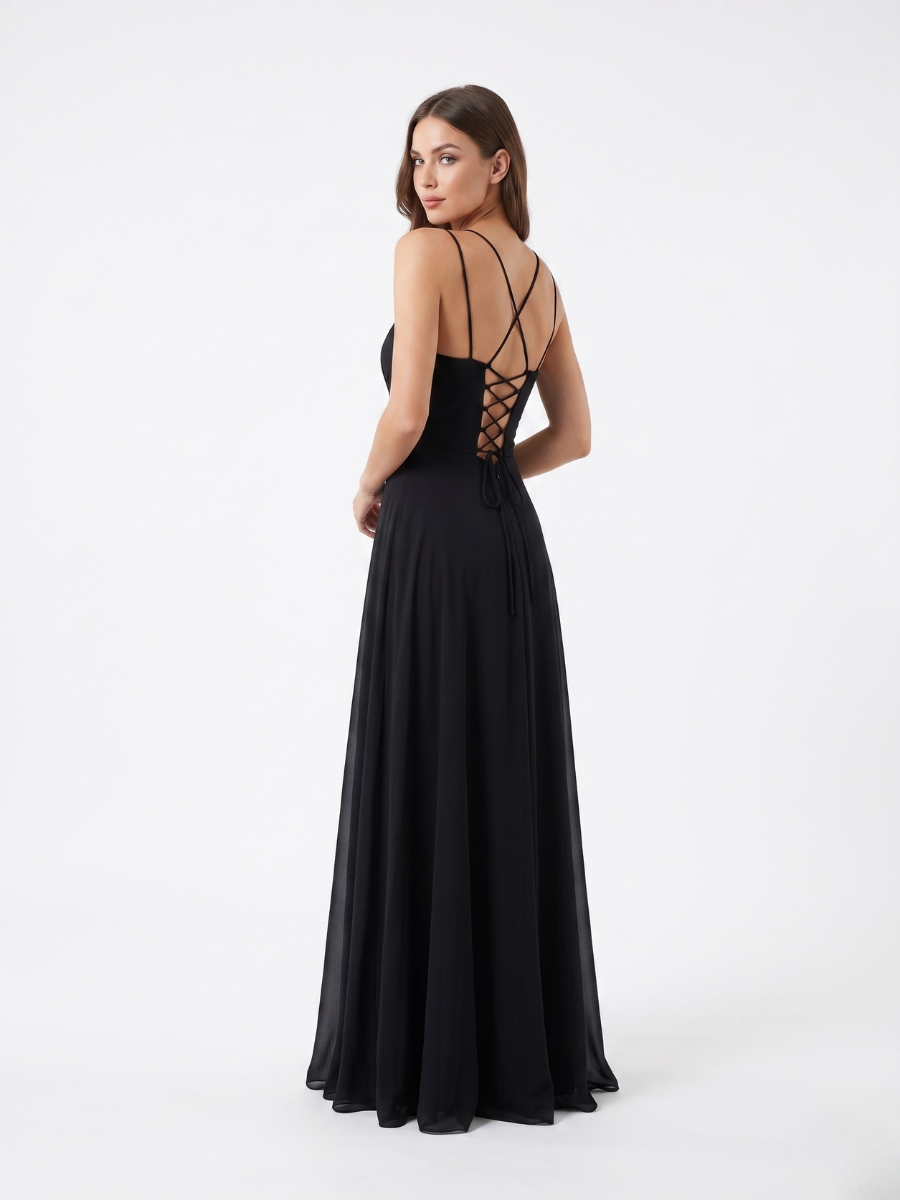 İp Askılı Drape Detaylı Elbise Siyah
