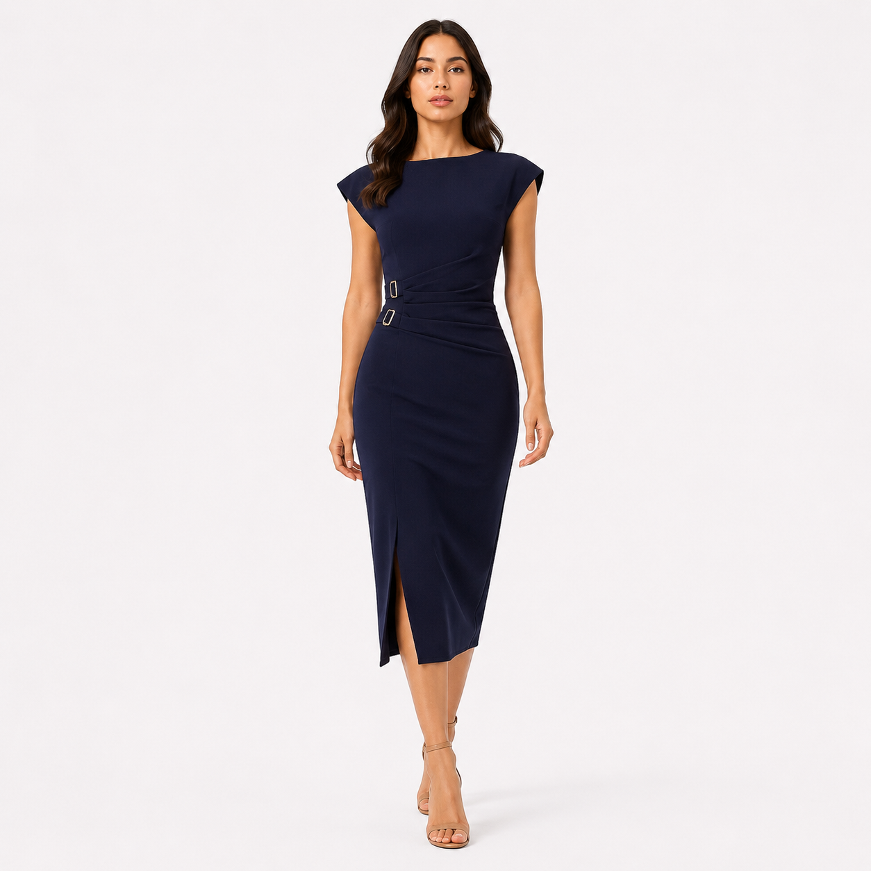 Metal Tokalı Drape Detaylı Kalem Elbise Laci
