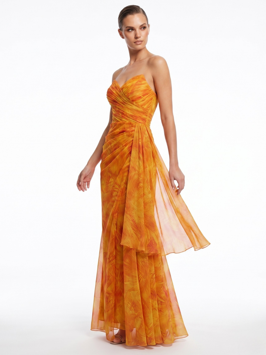 Straplez Desenli Şifon Elbise Orange