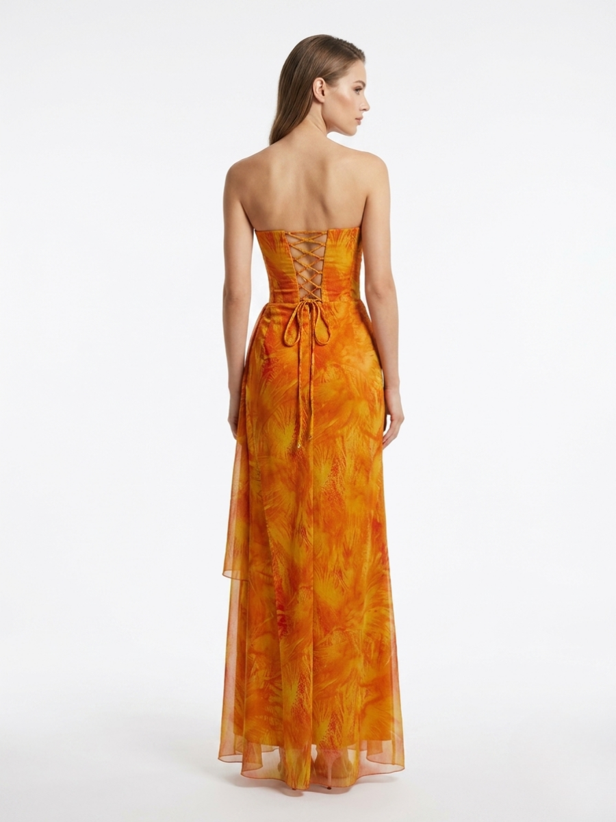 Straplez Desenli Şifon Elbise Orange