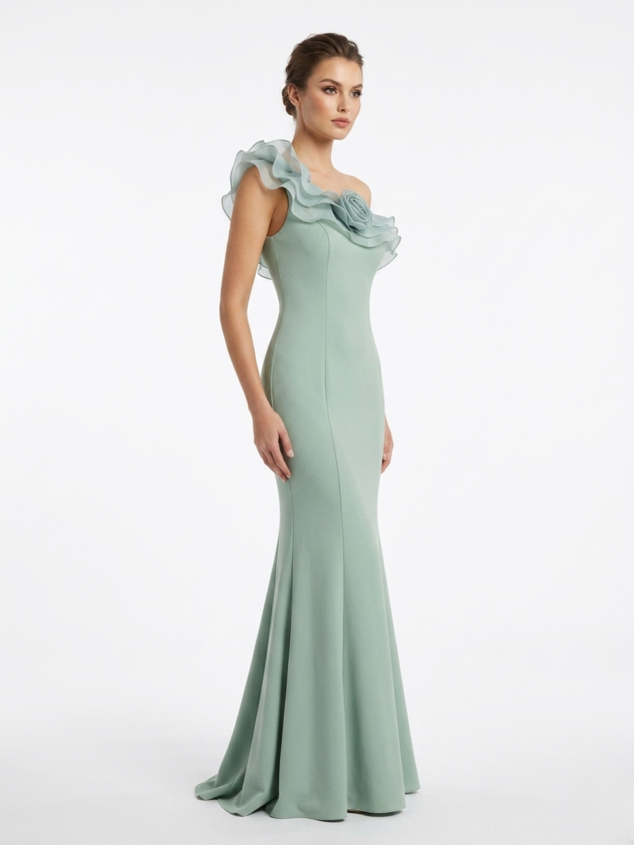 Tek Omuz Organze Volanlı Balık Model Elbise Mint
