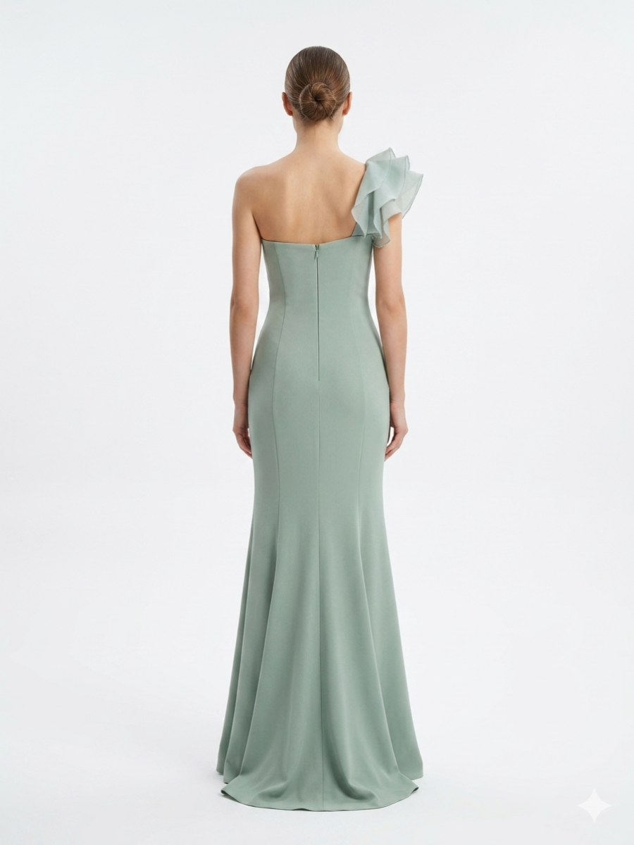 Tek Omuz Organze Volanlı Balık Model Elbise Mint