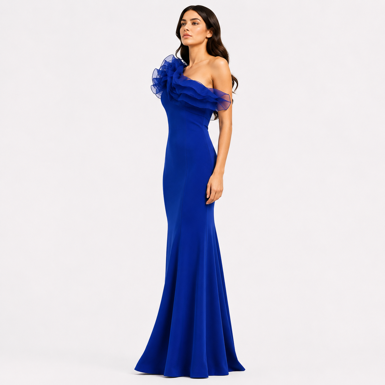 Tek Omuz Organze Volanlı Balık Model Elbise Saks