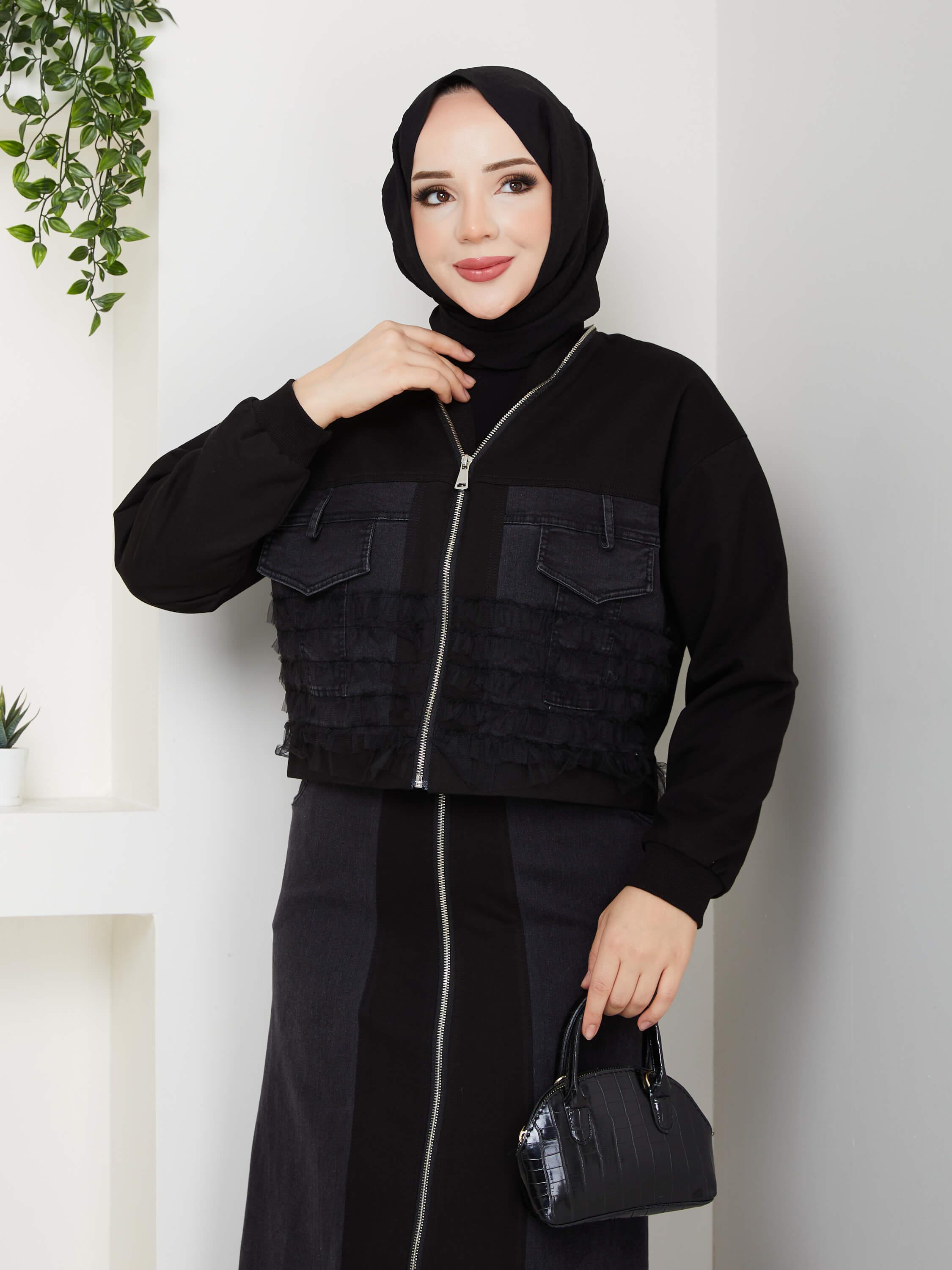 Fermuarlı Cepli Siyah İkili Takım 