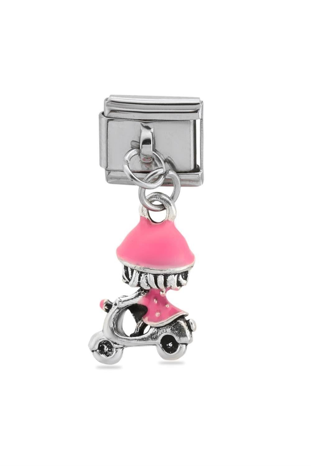Çelik Charm Pembe Motosikletli Kız Figürlü
