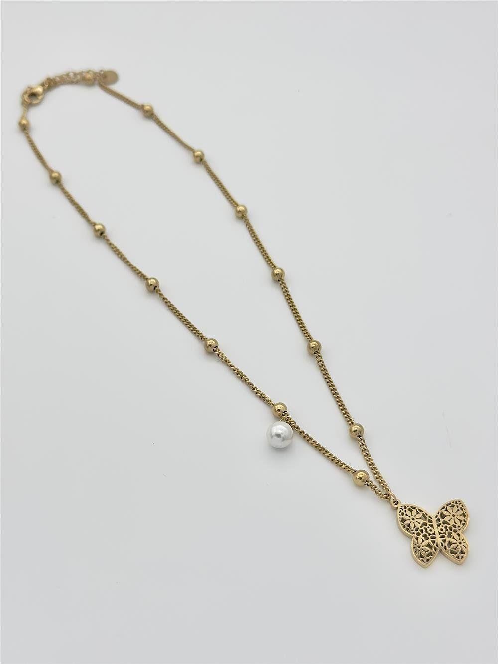 Kadın Çelik Toplu Zincirli İncili Motif Kelebek Figürlü Gold Renk Kolye 45 cm