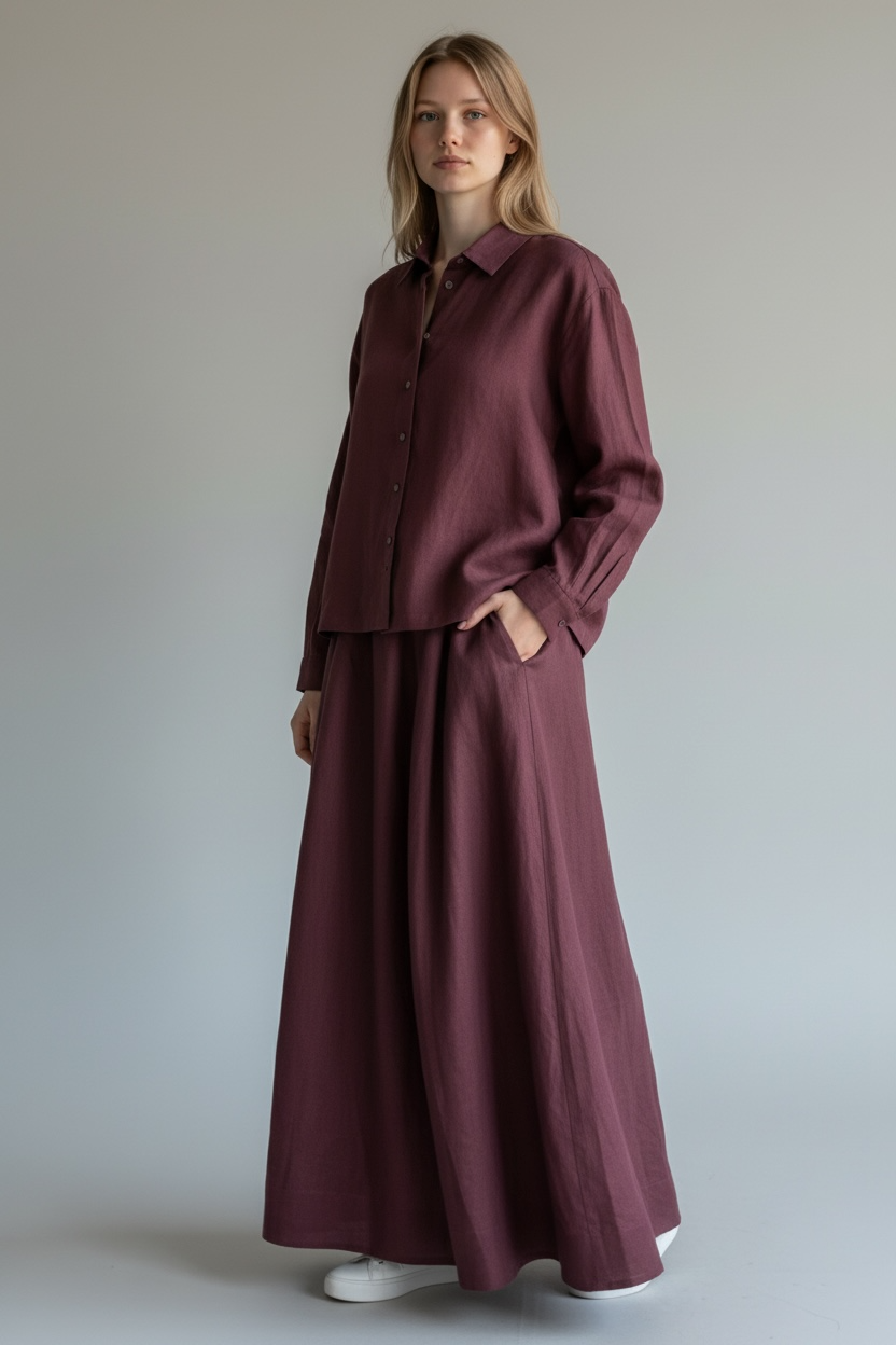 Keten Gömlek Etek Takım-Bordo