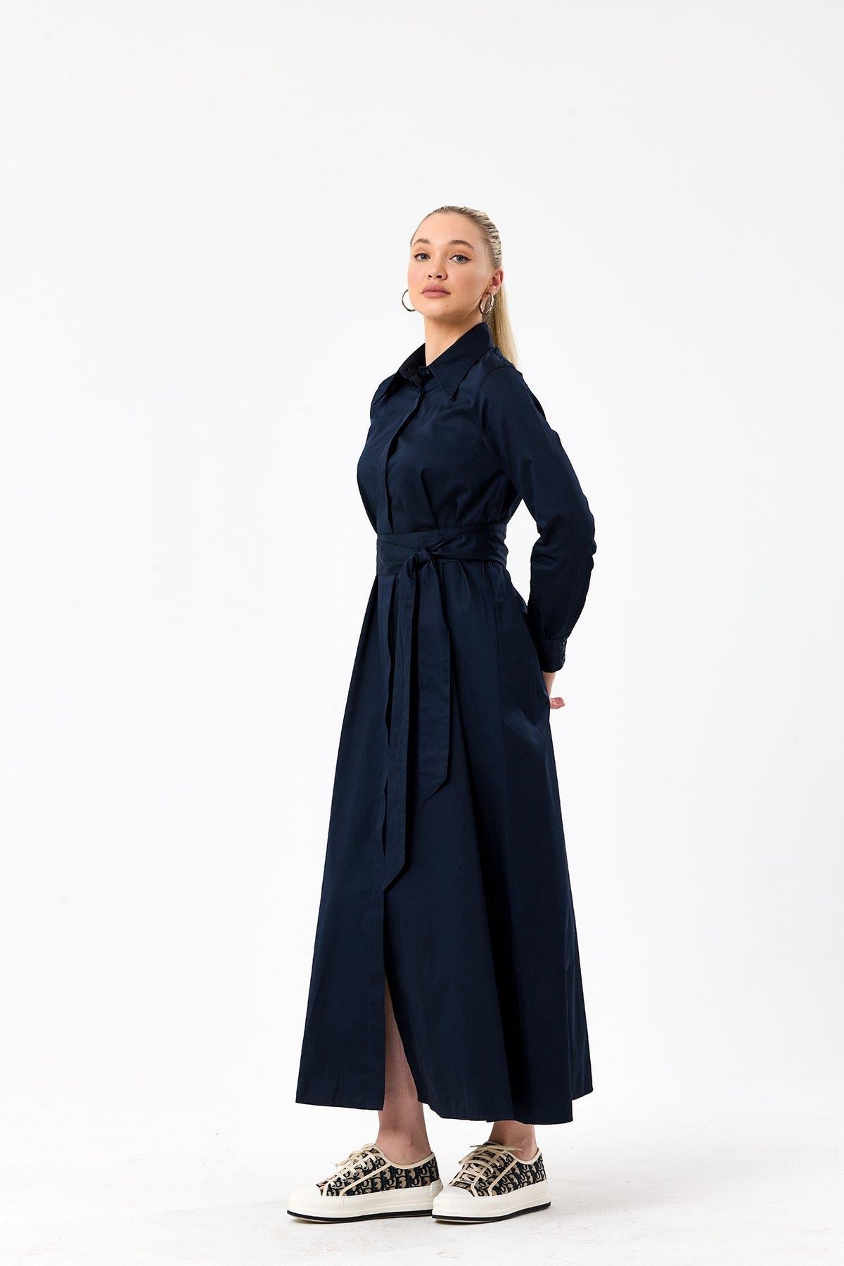 Poplin Elbise- Lacivert