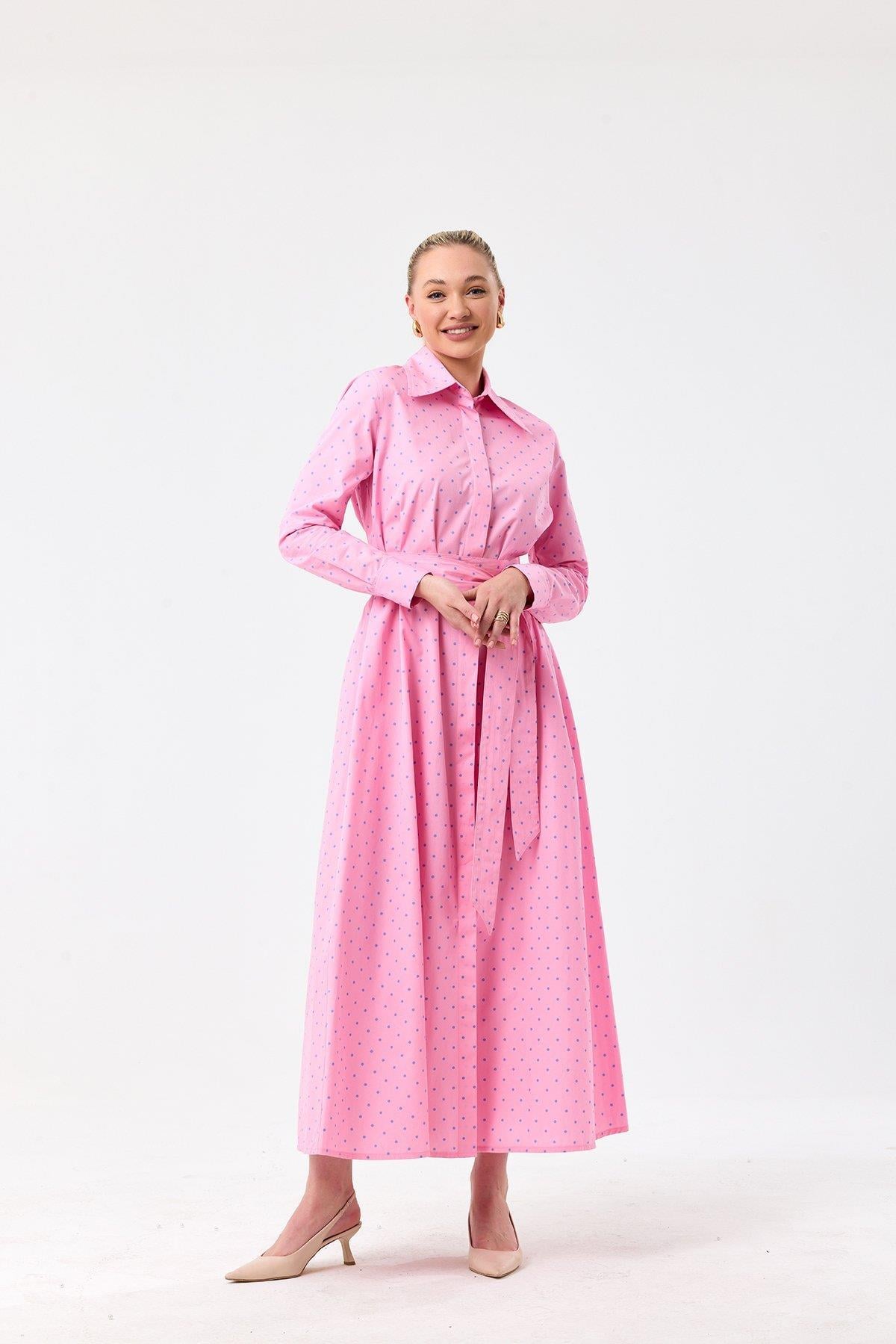 Poplin Elbise- Pembe Puantiyeli
