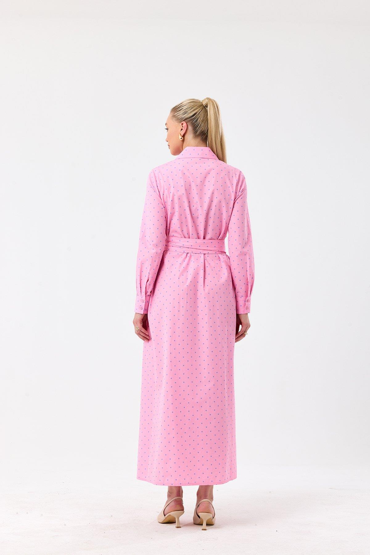 Poplin Elbise- Pembe Puantiyeli