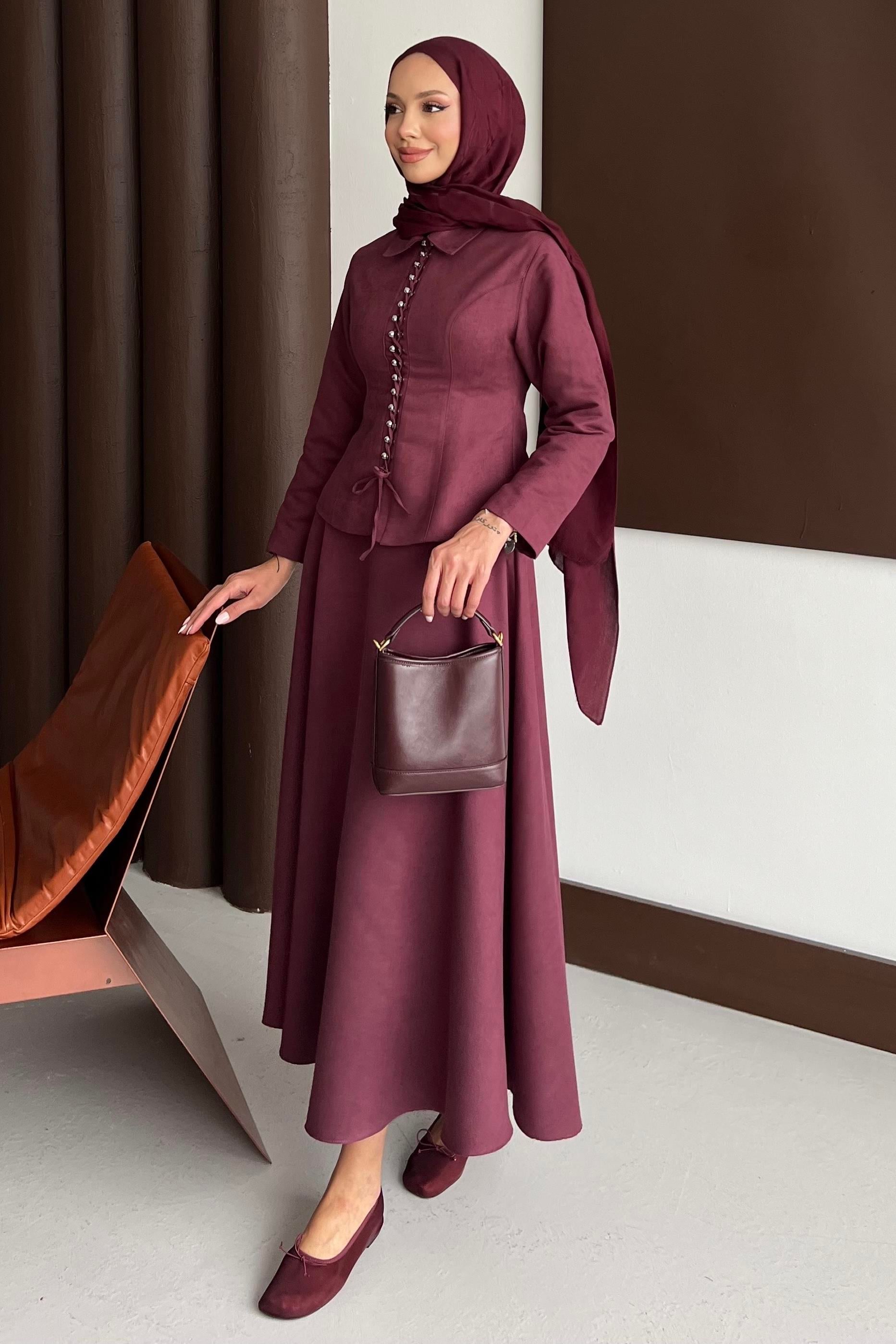Bağcık Detaylı Etekli Takım Bordo