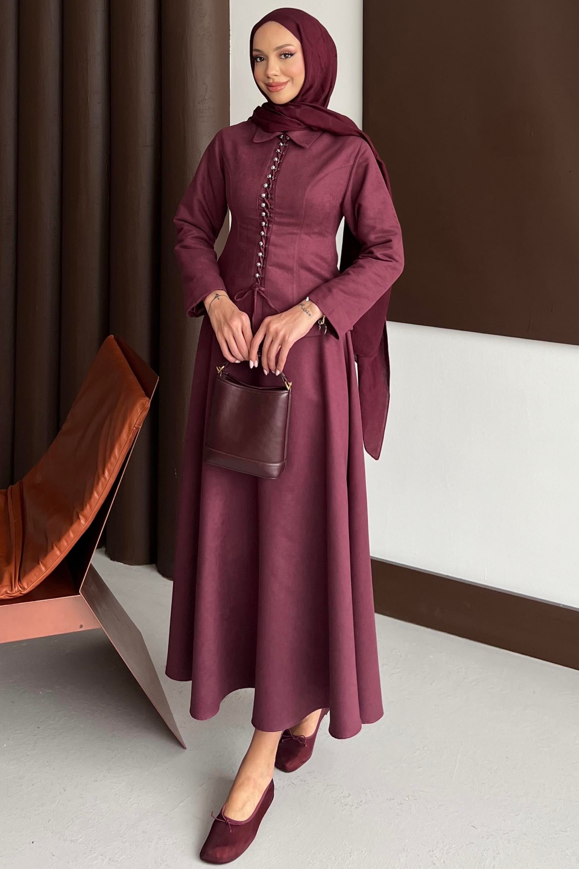 Bağcık Detaylı Etekli Takım Bordo