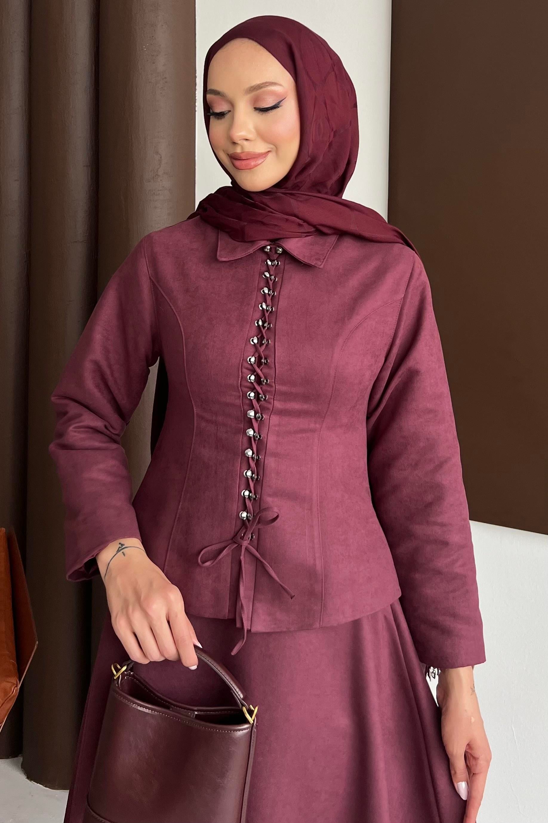 Bağcık Detaylı Etekli Takım Bordo