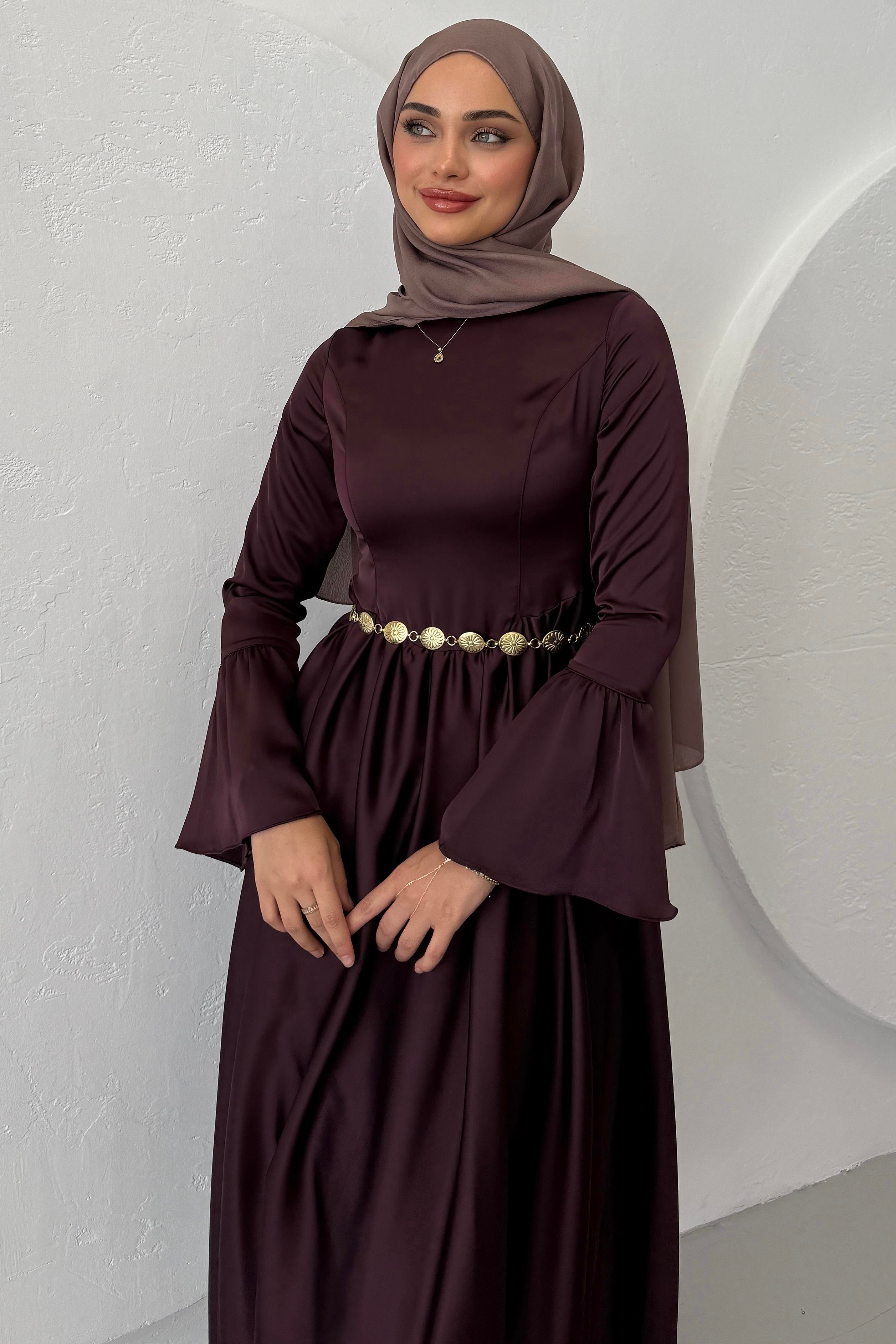 Balon Etekli Saten Elbise Mürdüm