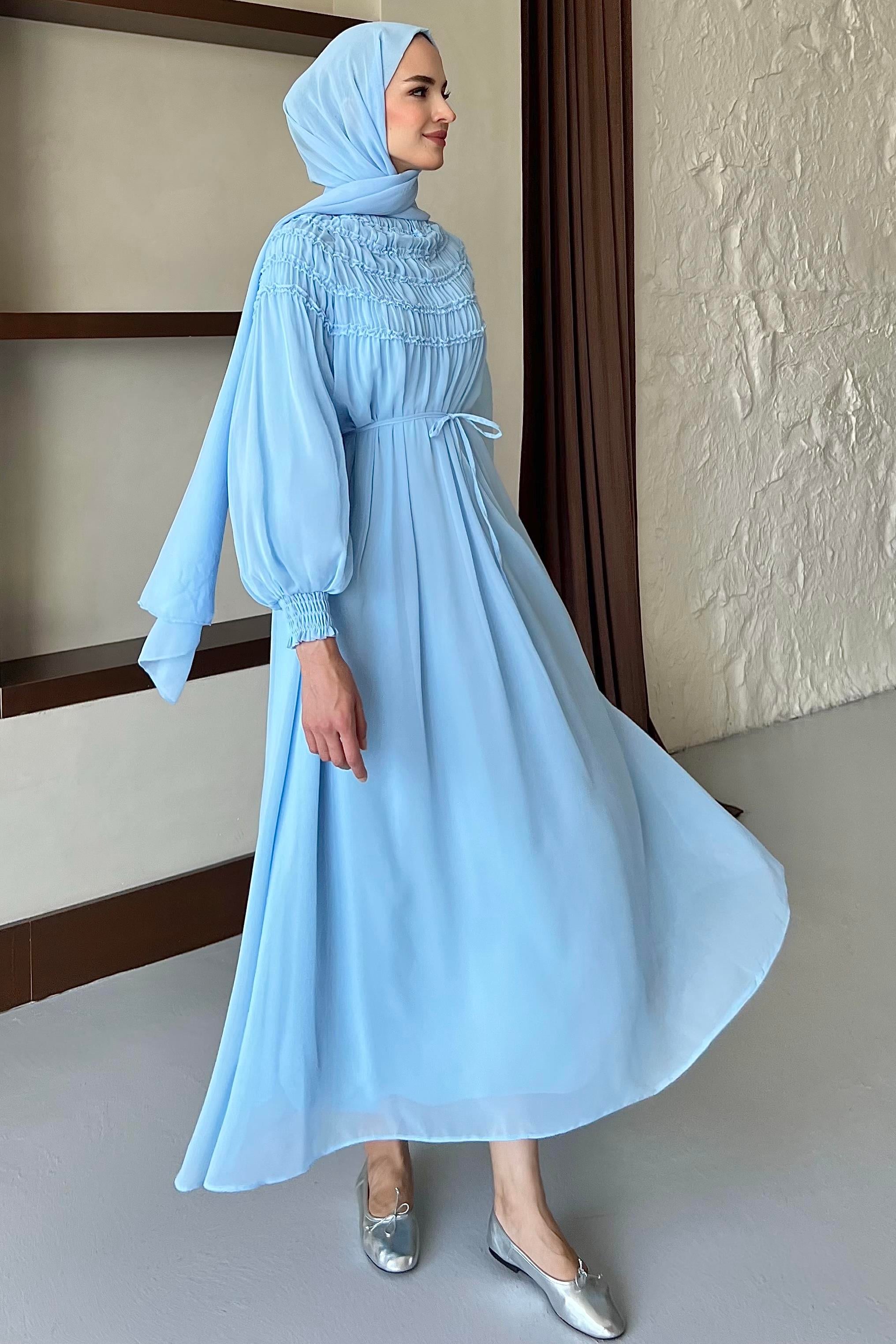 Büzgülü Şifon Elbise Baby Blue