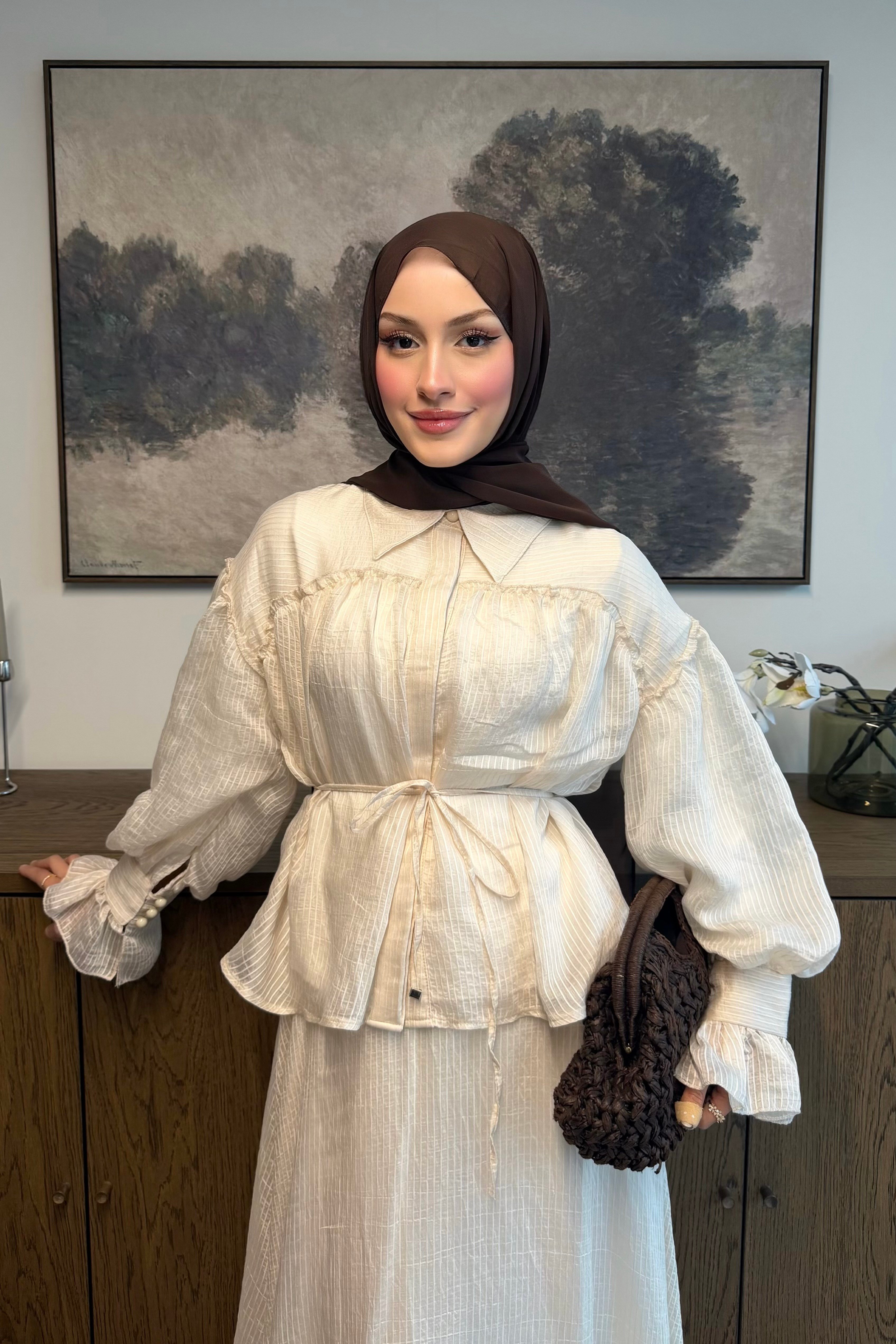 Çizgi Armürlü Tül Tencel Takım İnci