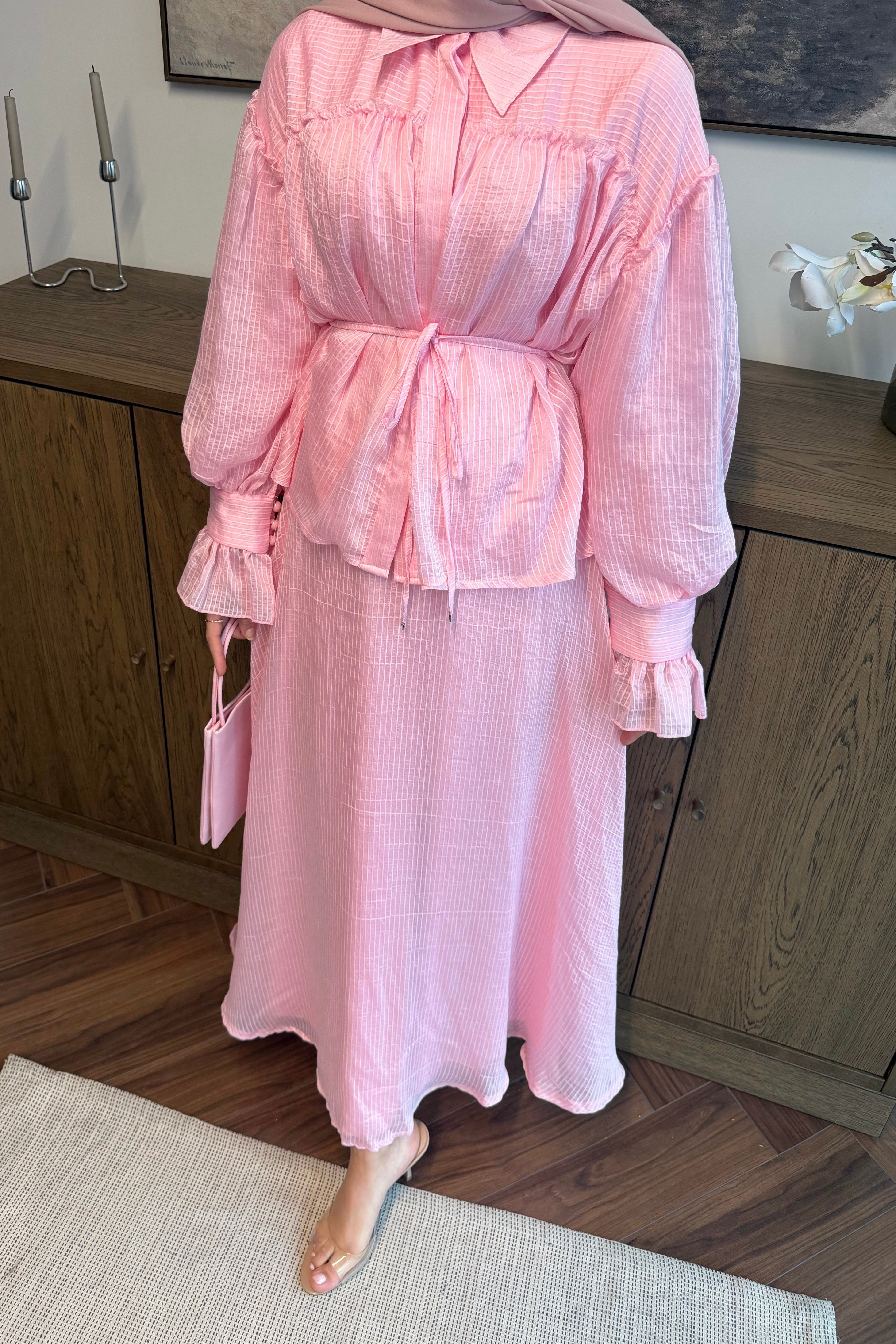 Çizgi Armürlü Tül Tencel Takım Soft Pembe