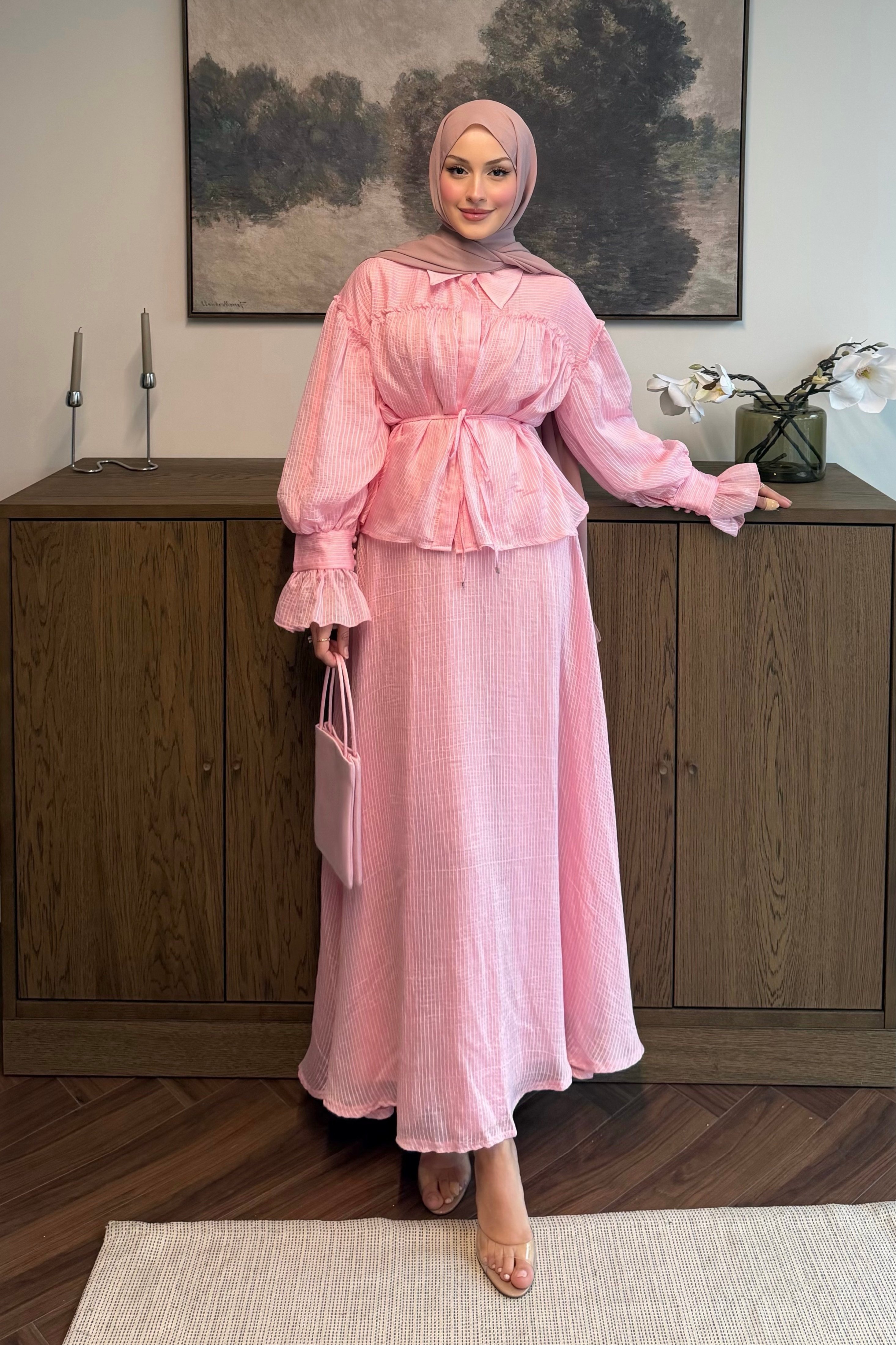Çizgi Armürlü Tül Tencel Takım Soft Pembe