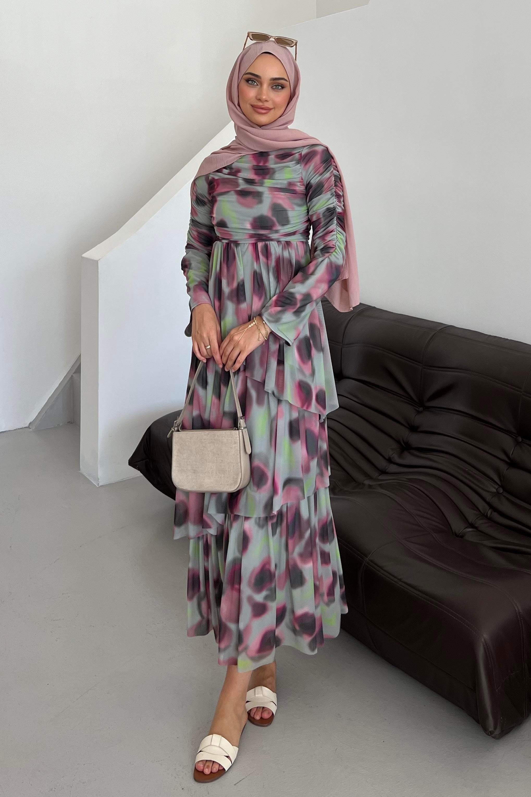 Drape Detaylı Kat Kat Elbise Pembe