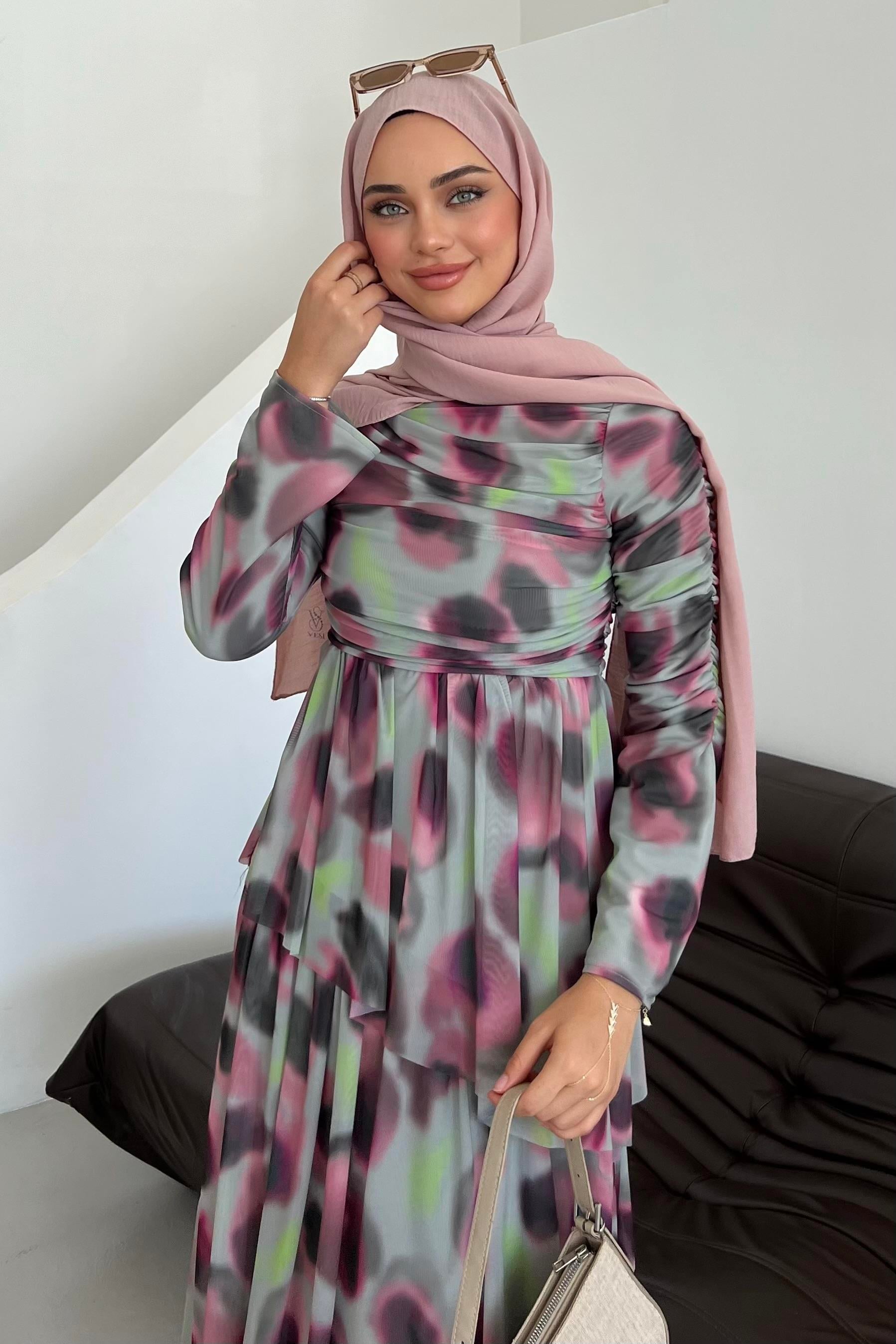 Drape Detaylı Kat Kat Elbise Pembe