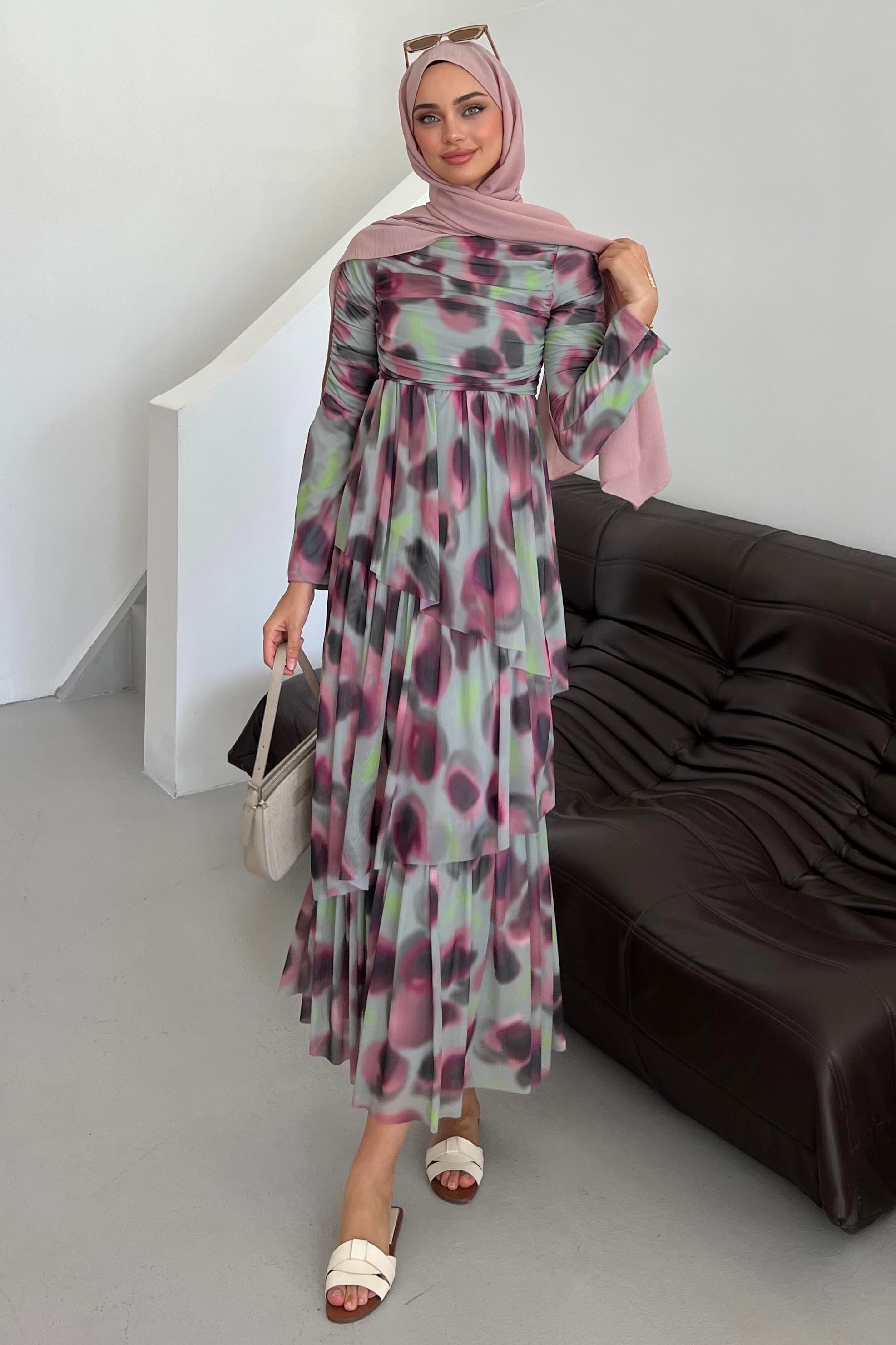 Drape Detaylı Kat Kat Elbise Pembe