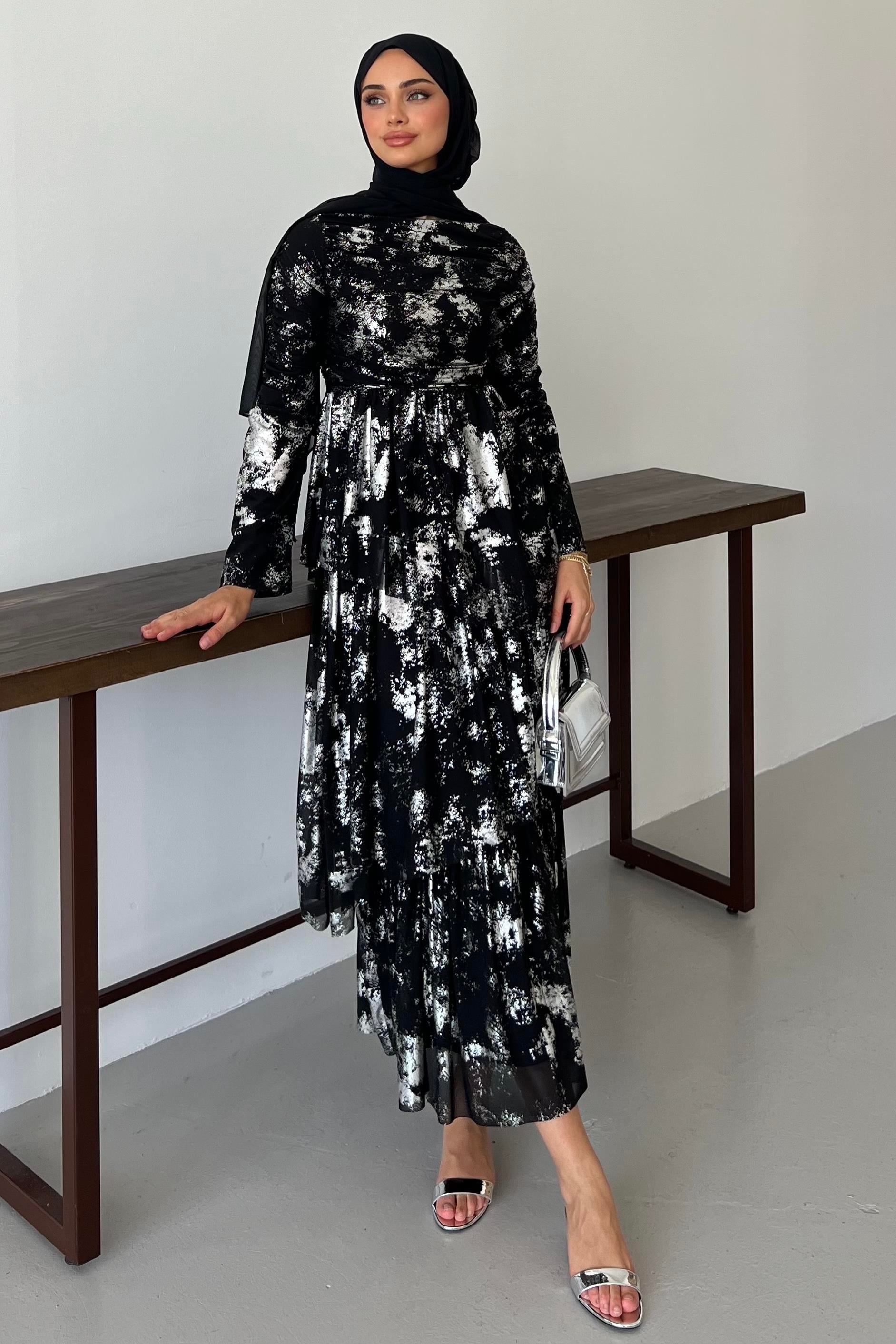 Drape Detaylı Kat Kat Elbise Siyah