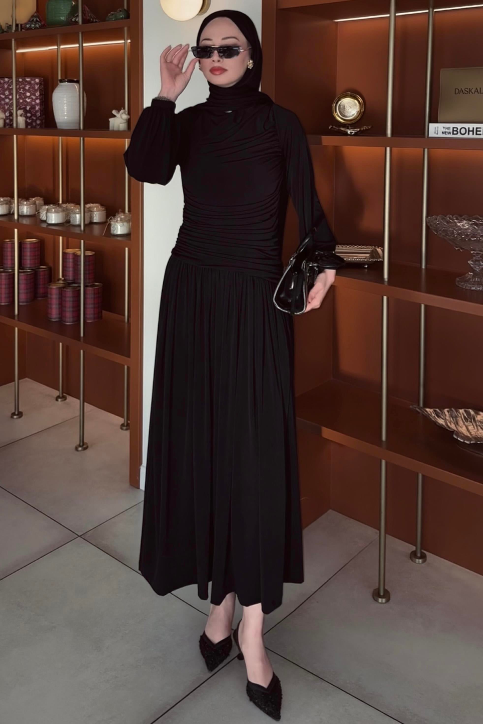 Drape Detaylı Sandy Elbise Siyah