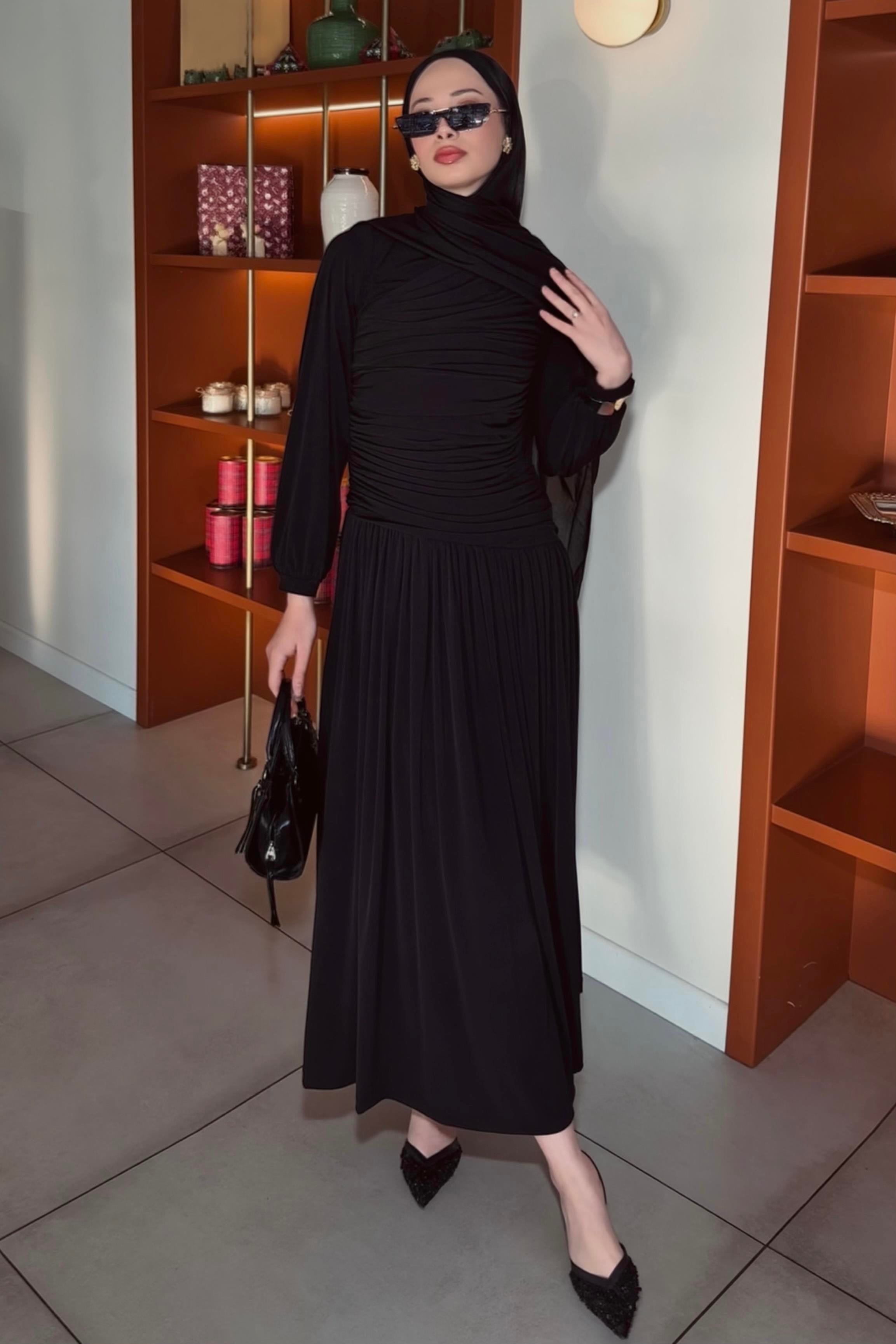 Drape Detaylı Sandy Elbise Siyah